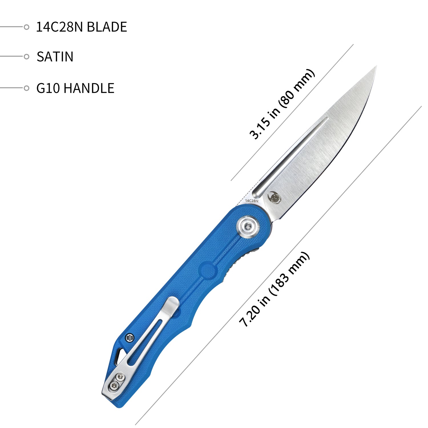 Kubey Mizo Liner Lock Front Flipper Klappmesser Blauer G10-Griff 3,15" Satin 14C28N KU2101B
