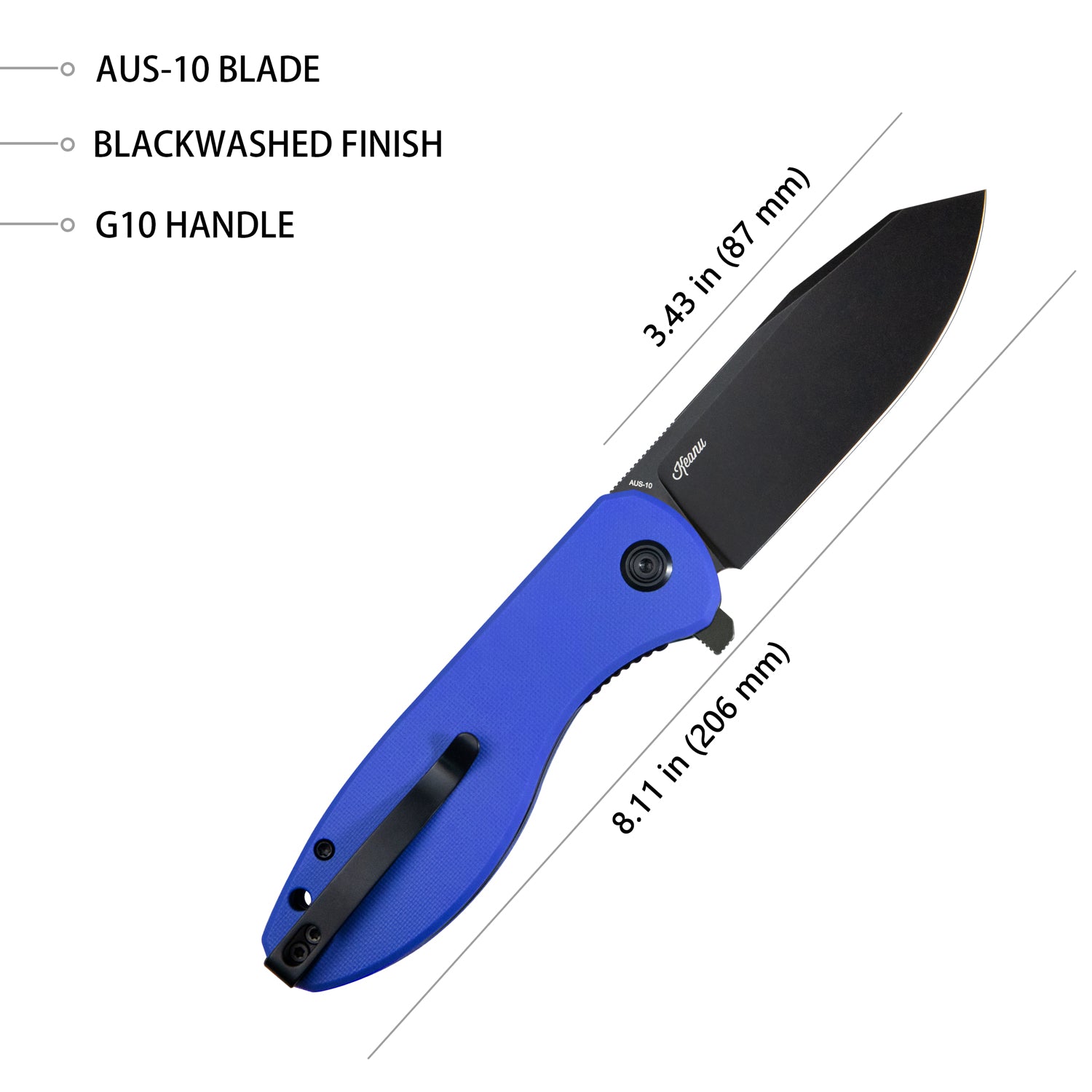 Kubey Master Chief Outdoor-Klapptaschenmesser, blauer G10-Griff, 8,9 cm, Blackwash AUS-10 KU358G