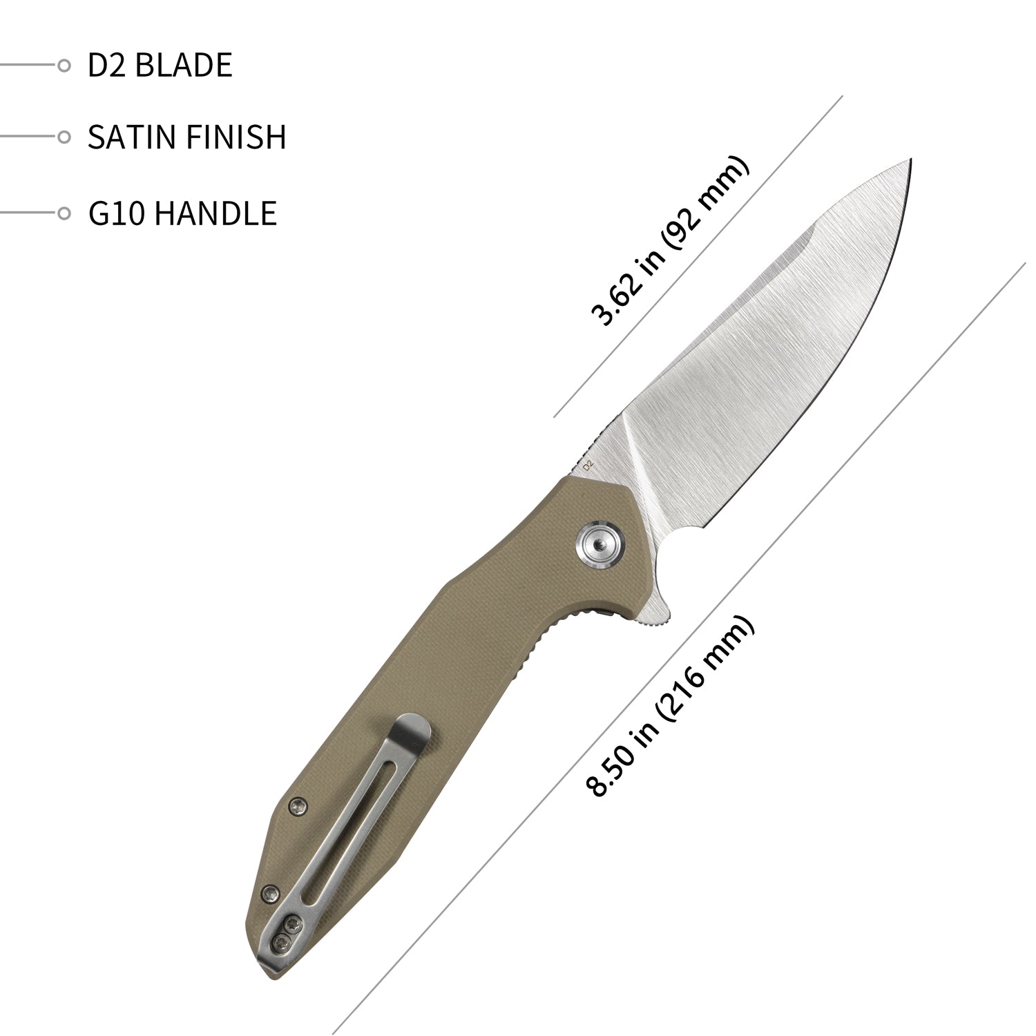 Kubey Nova Liner Lock Flipper Klapptaschenmesser Tan G10 Griff Satin D2 KU117F