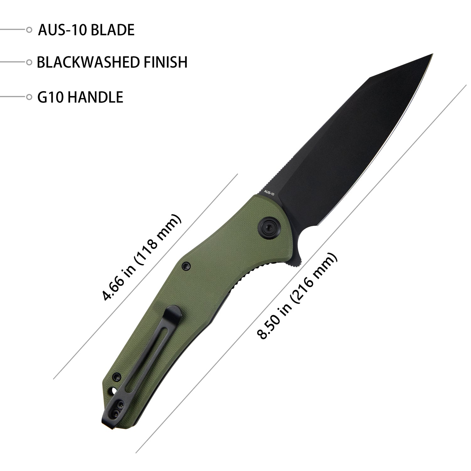 Kubey Flash Liner Lock Flipper Folding Knife Green G10 Handle 3.82" Blackwashed AUS-10 KU158F