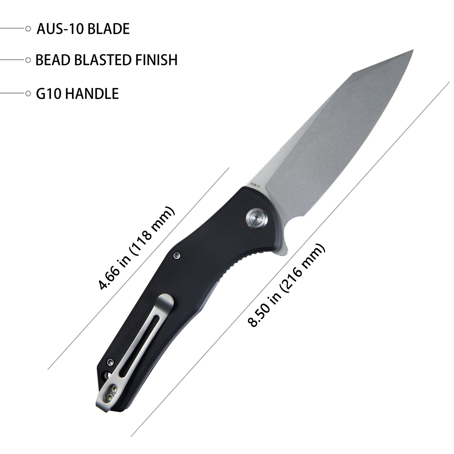 Kubey Flash Liner Lock Flipper Folding Knife Black G10 Handle 3.82" Beadblasted AUS-10 KU158E