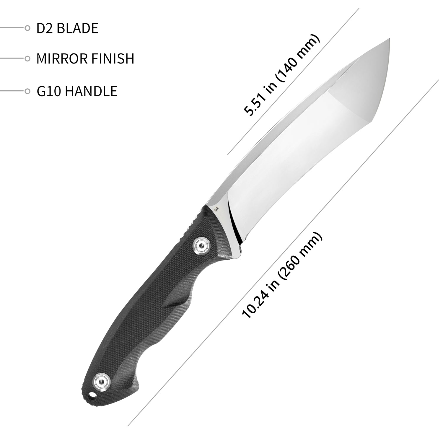 Kubey Chariot Outdoor-Messer mit feststehender Klinge, G10-Griff (5,5" verspiegelt, D2)KB274A