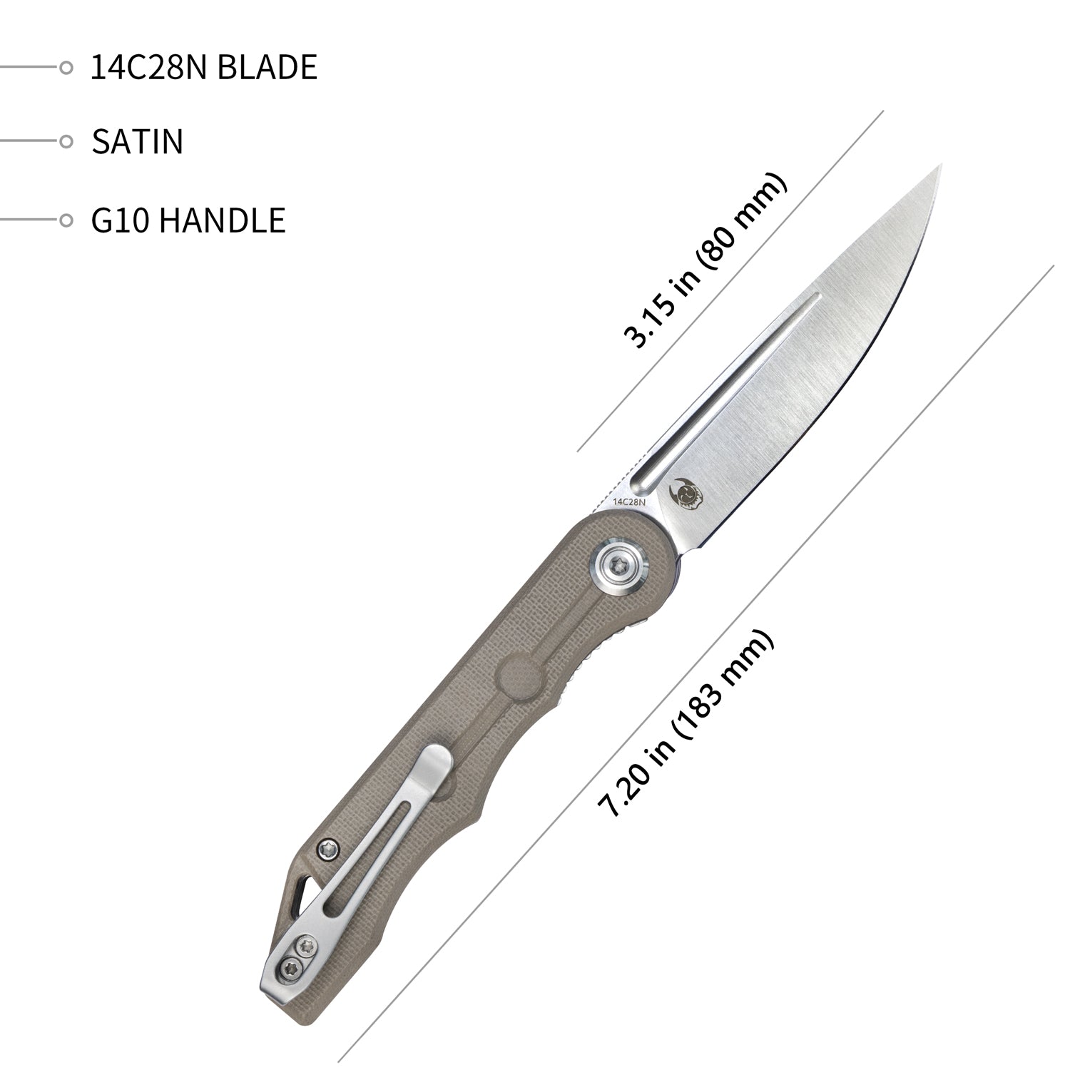 Kubey Mizo Liner Lock Front Flipper Klappmesser Tan G10 Griff 3,15" Satin 14C28N KU2101E