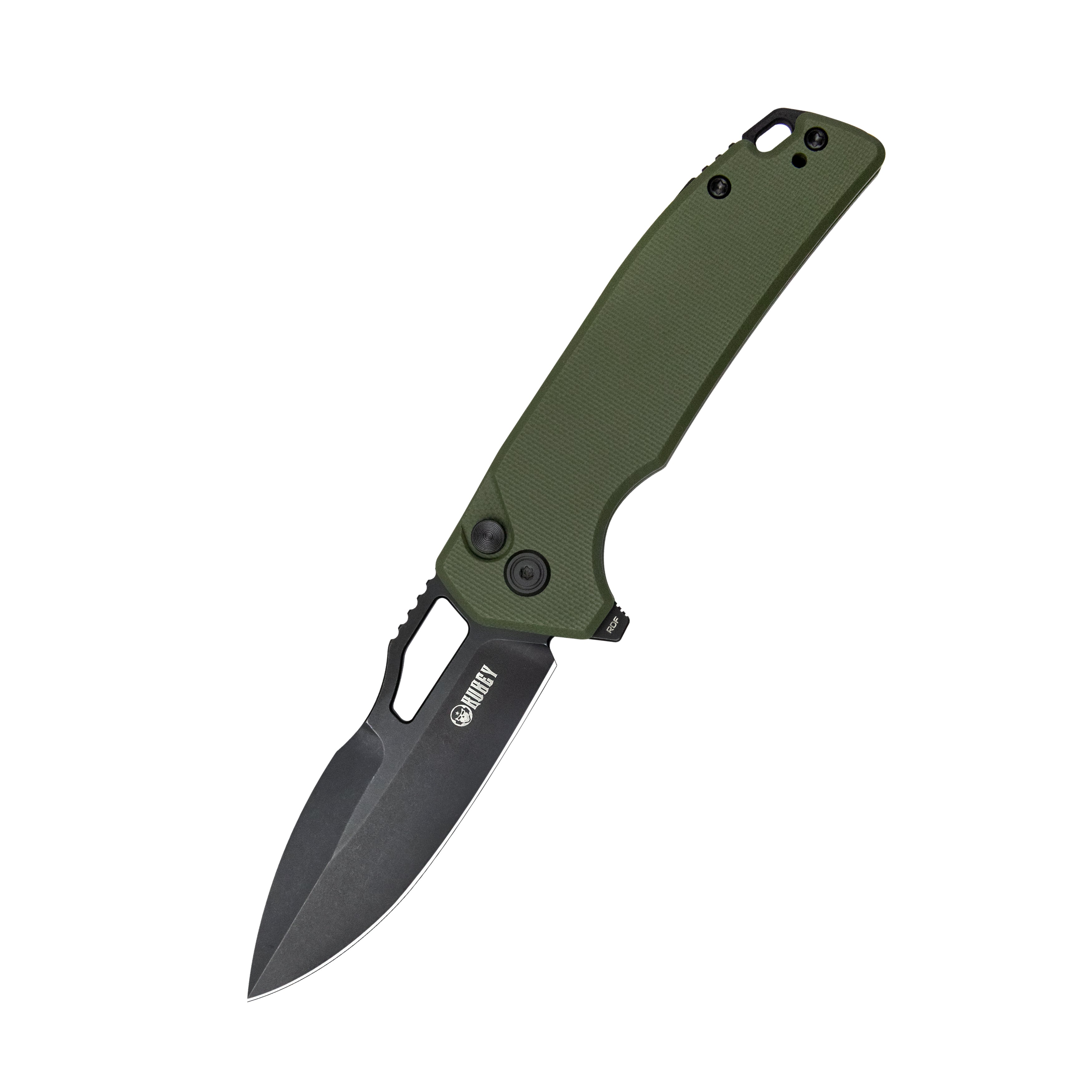 Kubey RDF Pocket Knife with Button Lock Full-Contoured Green G-10 Handle 3.11" Blackwash AUS-10 Blade, Lightweight Hydra Designed Folding Knife for EDC KU316B