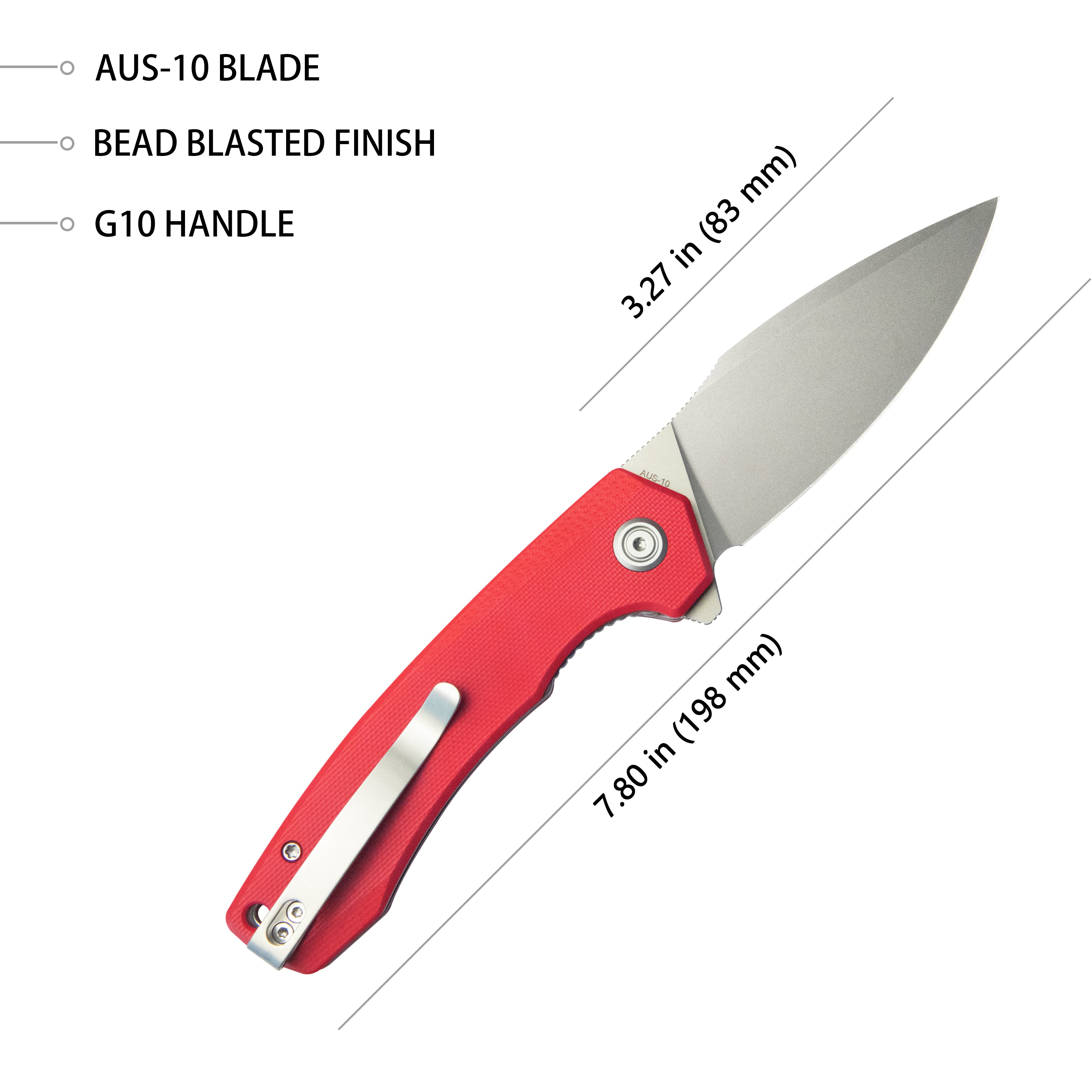 Kubey Calyce Liner Lock Flipper Folding Knife Red G10 Handle 3.27" Bead Blasted AUS-10 KU901J