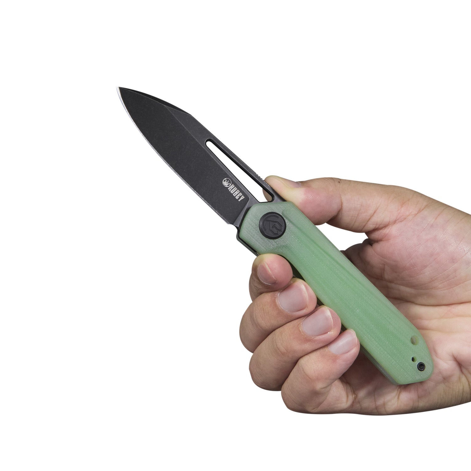 Kubey Royal Nest Liner Lock EDC Pocket Knife Front Flipper Jade G10 Handle 2.99" Dark Stonewashed D2 KU321C