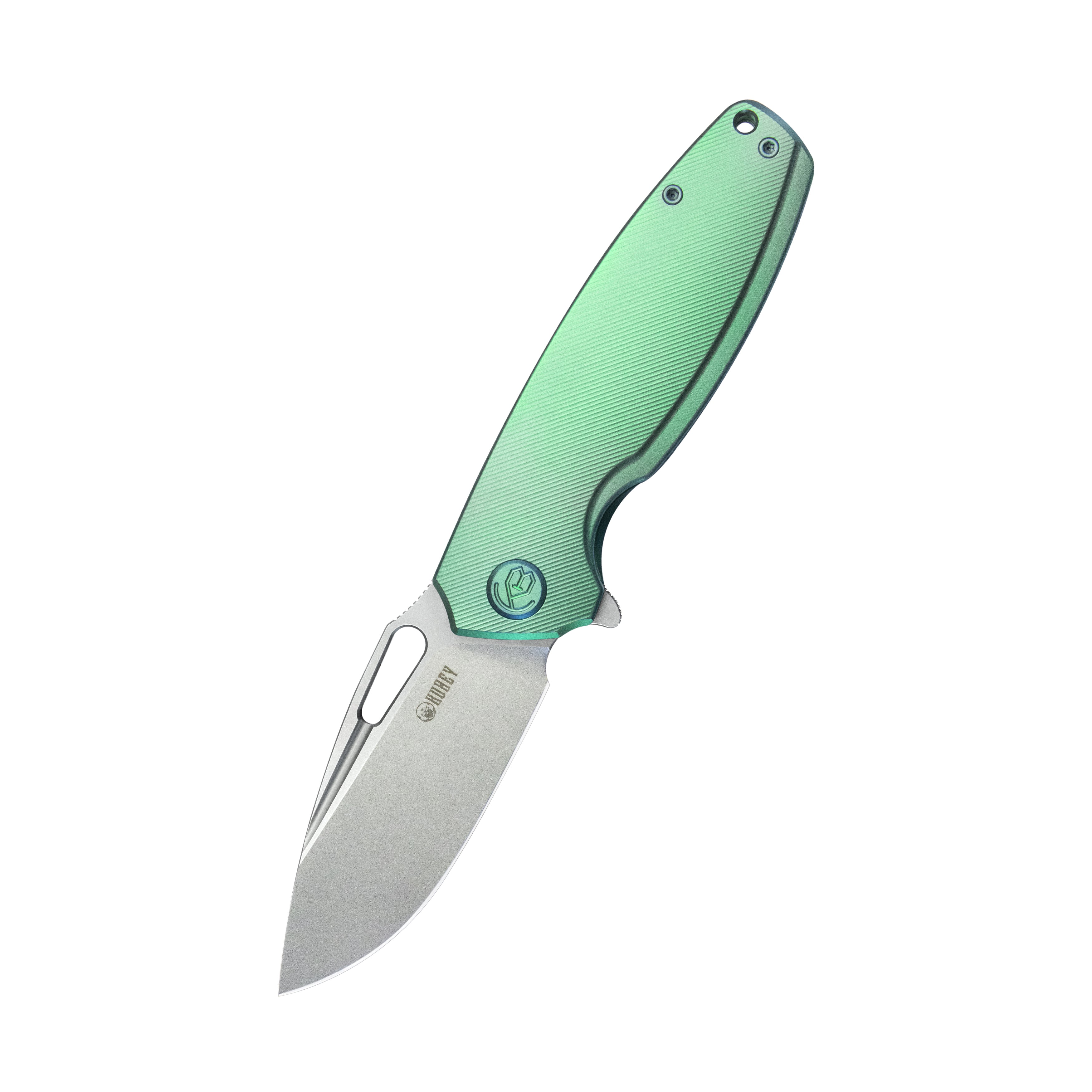 Kubey Tityus Frame Lock Flipper Folding Knife Green 6AL4V Contoured Titanium Handle 3.39" Bead Blasted 14C28N KB360B