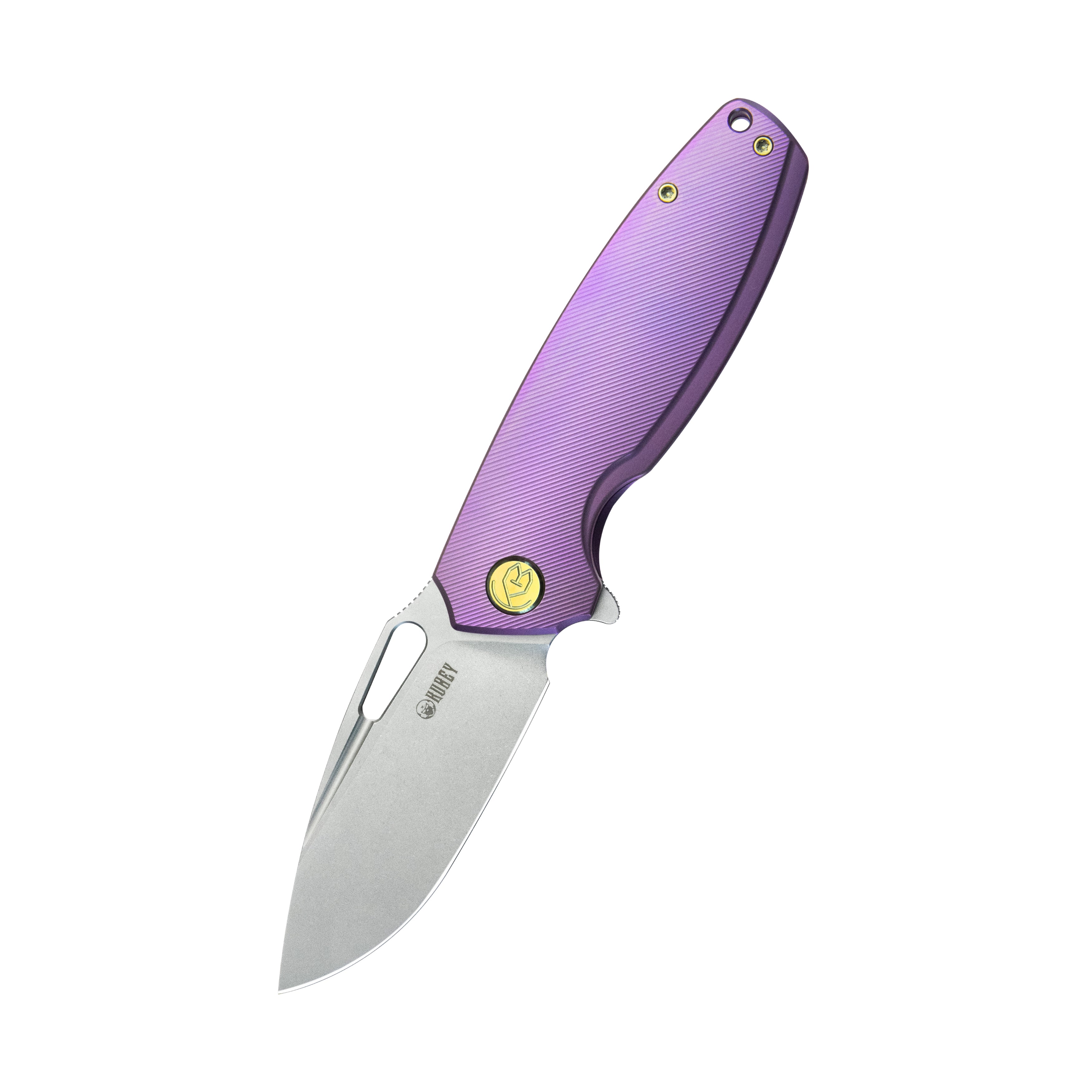 Kubey Tityus Frame Lock Flipper Folding Knife Purple 6AL4V Contoured Titanium Handle 3.39" Bead Blasted 14C28N KB360C