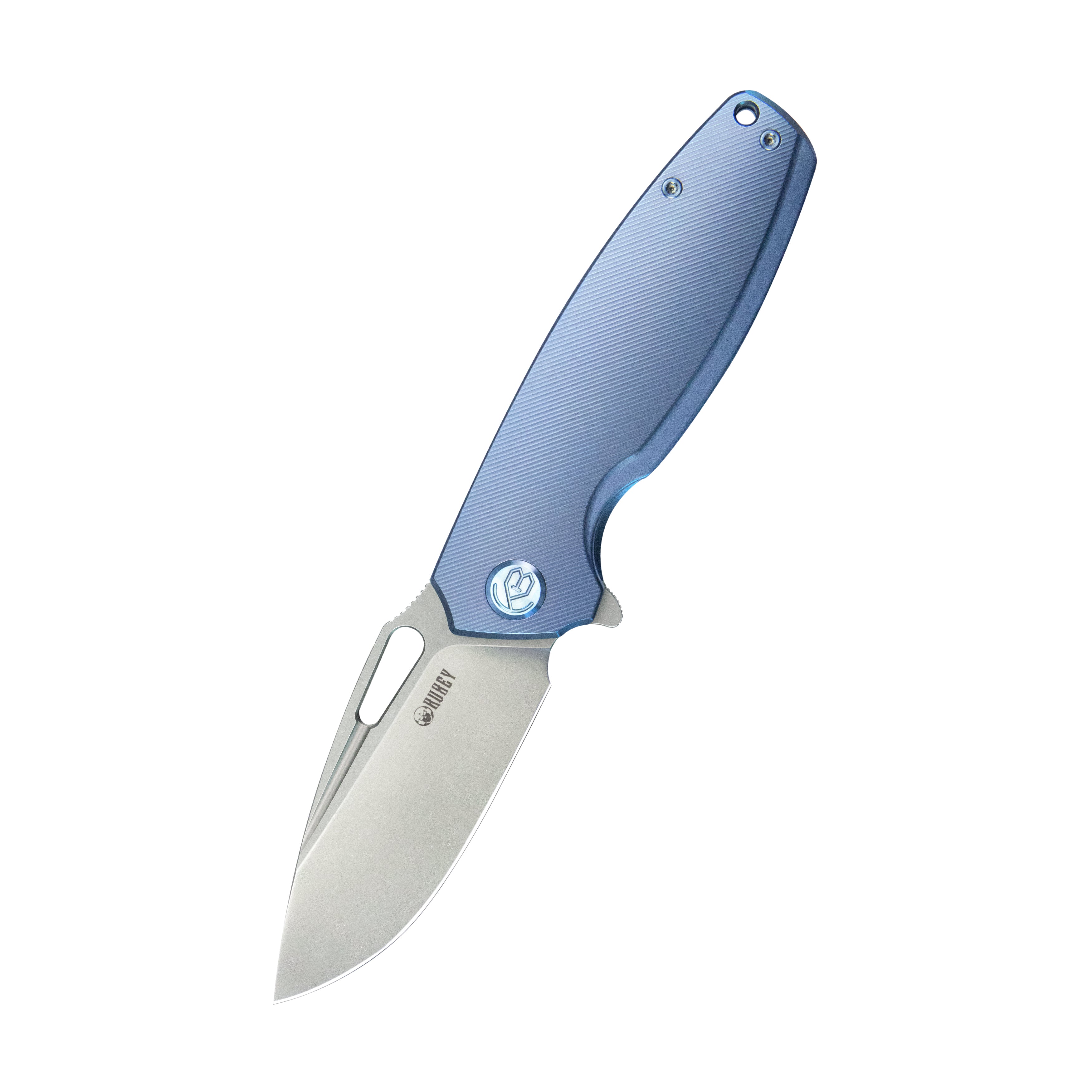 Kubey Tityus Frame Lock Flipper Folding Knife Blue 6AL4V Contoured Titanium Handle 3.39" Bead Blasted 14C28N KB360D