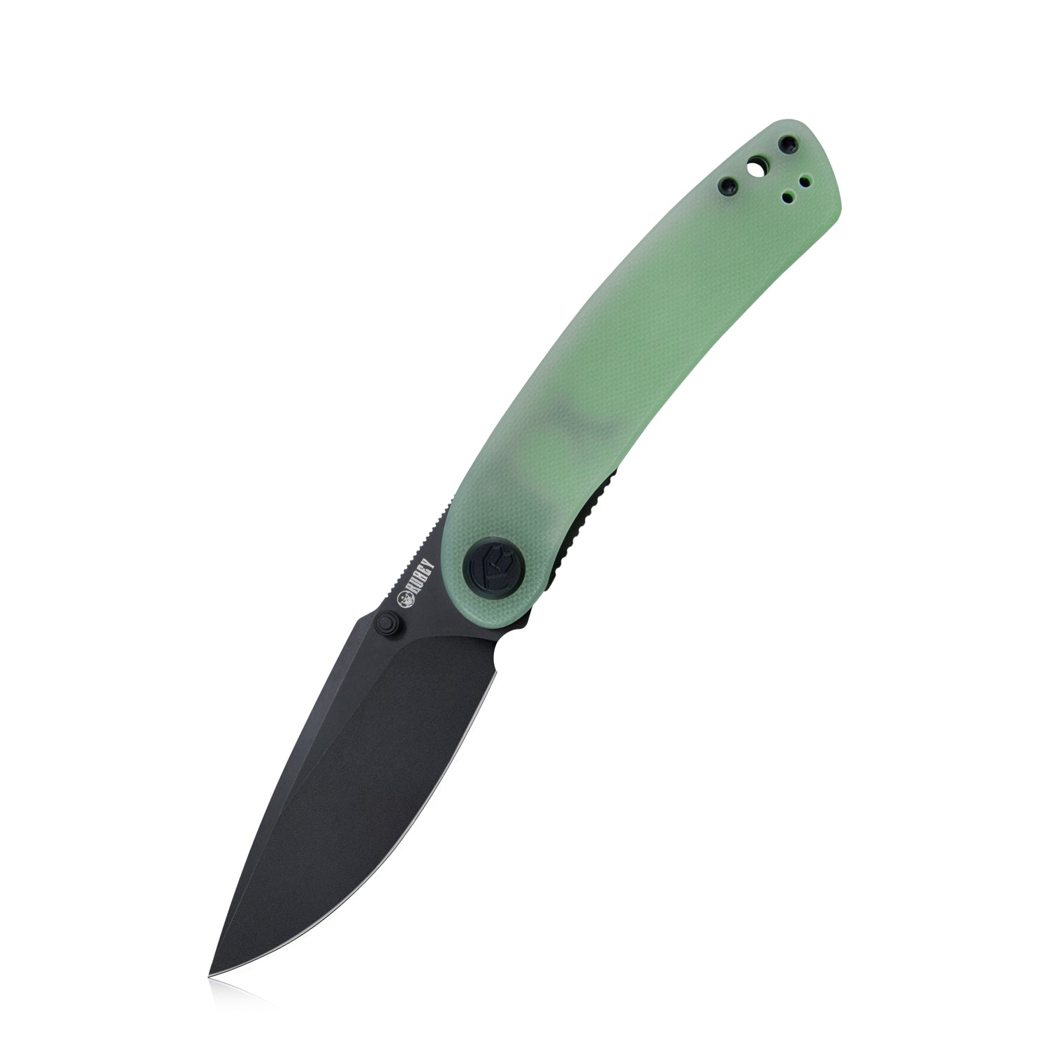 Kubey Momentum Sherif Manganas Design Liner Lock Front Flipper / Dual Studs Open Folding Knife Jade G10 Handle 3.43" Dark Stonewashed AUS-10 KU344J