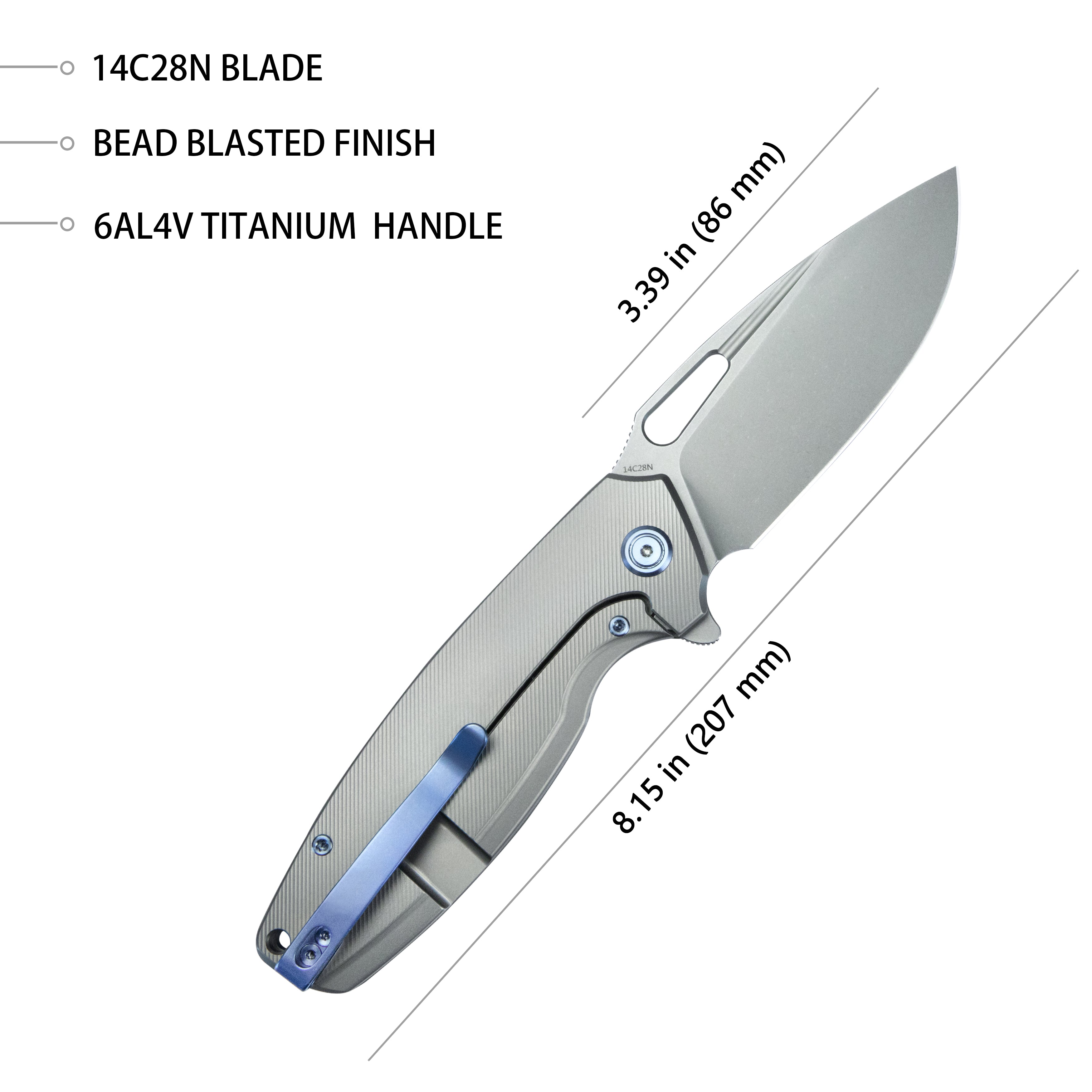 Kubey Tityus Frame Lock Flipper Folding Knife Gray 6AL4V Contoured Titanium Handle 3.39" Bead Blasted 14C28N KB360A