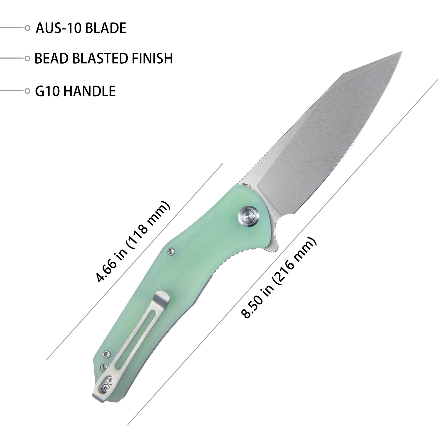 Kubey Flash Liner Lock Flipper Folding Knife Jade G10 Handle 3.82" Beadblasted AUS-10 KU158I