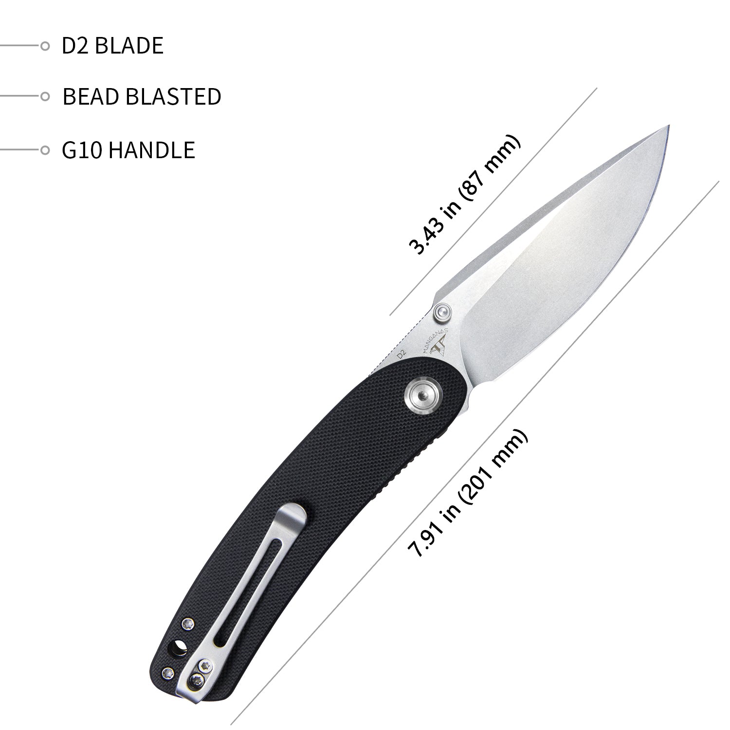 Kubey Momentum Sherif Manganas Design Liner Lock Front Flipper / Offenes Klappmesser mit zwei Nieten Schwarzer G10-Griff 3,43" Perlengestrahlt D2 KU344A