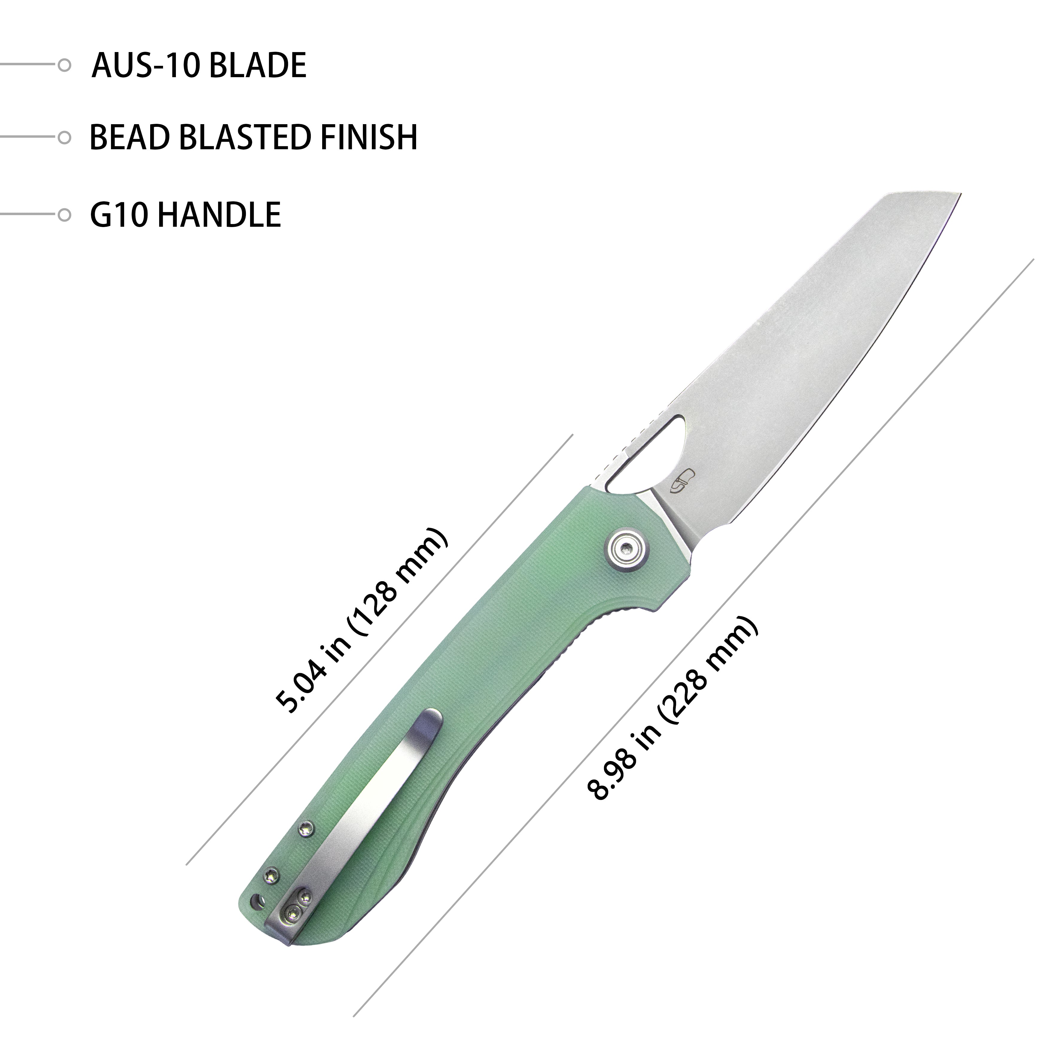 Kubey Elang Liner Lock Klappmesser Jade G10 Griff 3,94" Perlengestrahlter Sheepsfoot AUS-10 KU365C