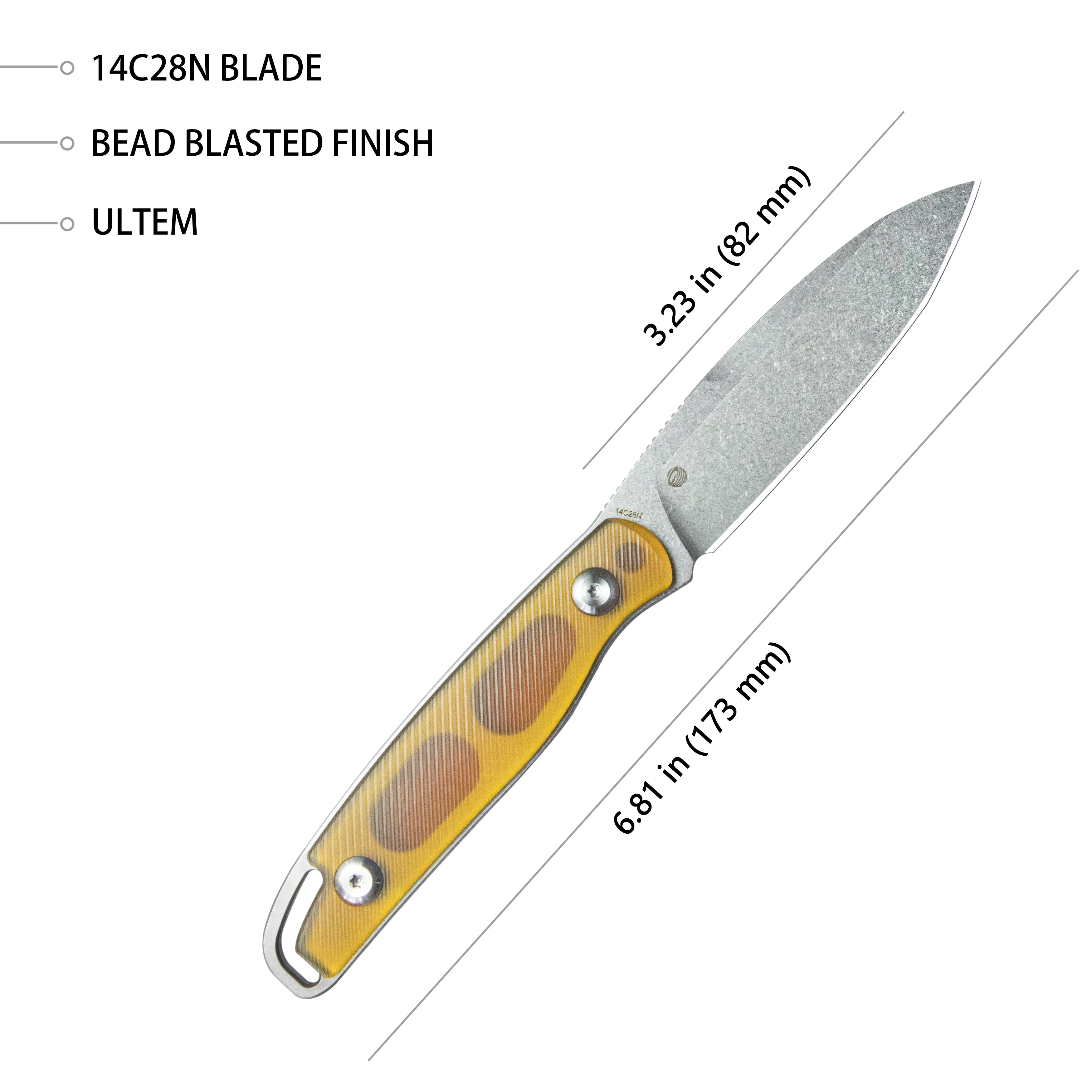 Kubey Dust Devil Outdoor Utility Knife Fixed Blade Knives Ultem 3.23'' Beadblast 14C28N KU357C