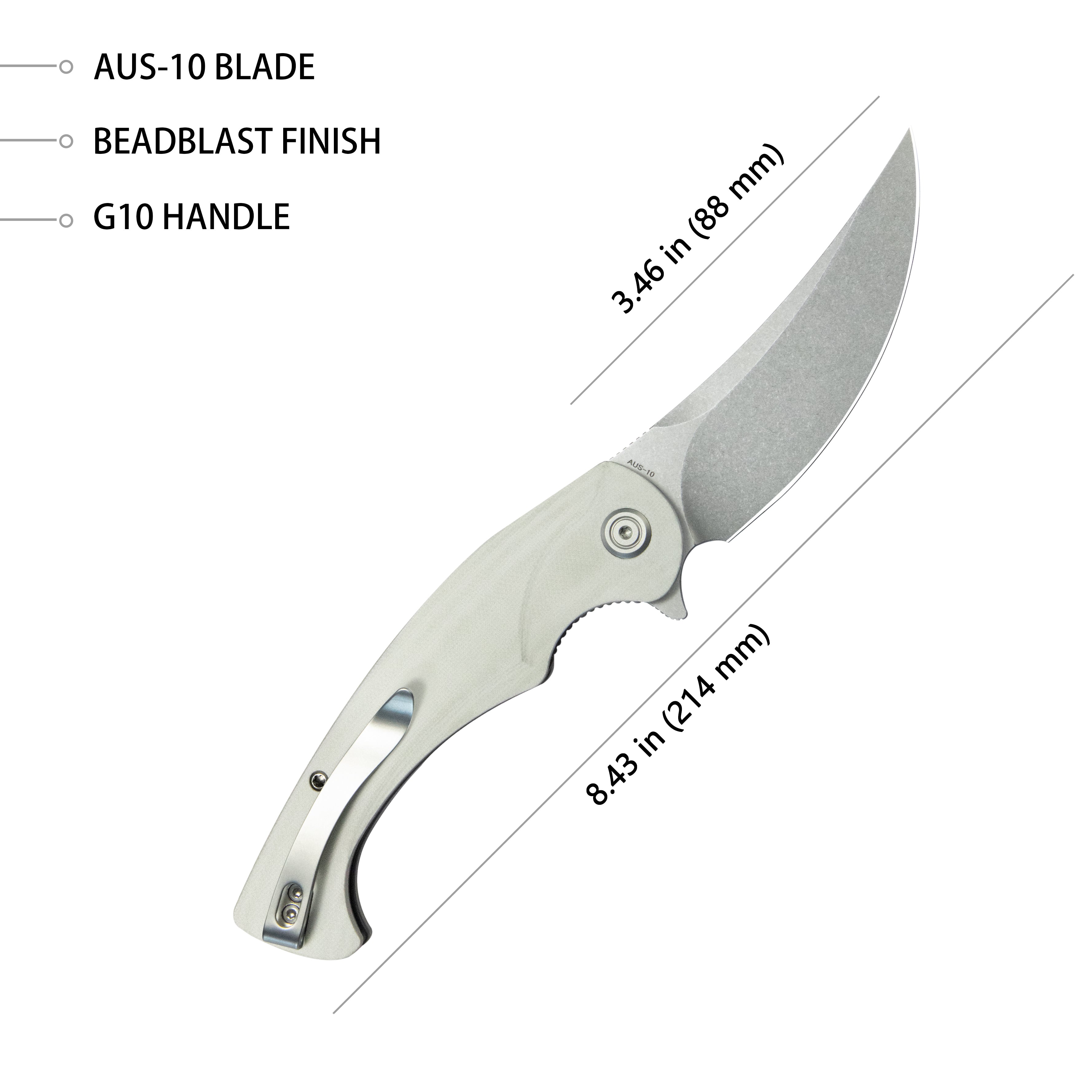 Kubey Scimitar Liner Lock Folding Knife White G10 Handle 3.46" Bead Blast AUS-10 KU173C