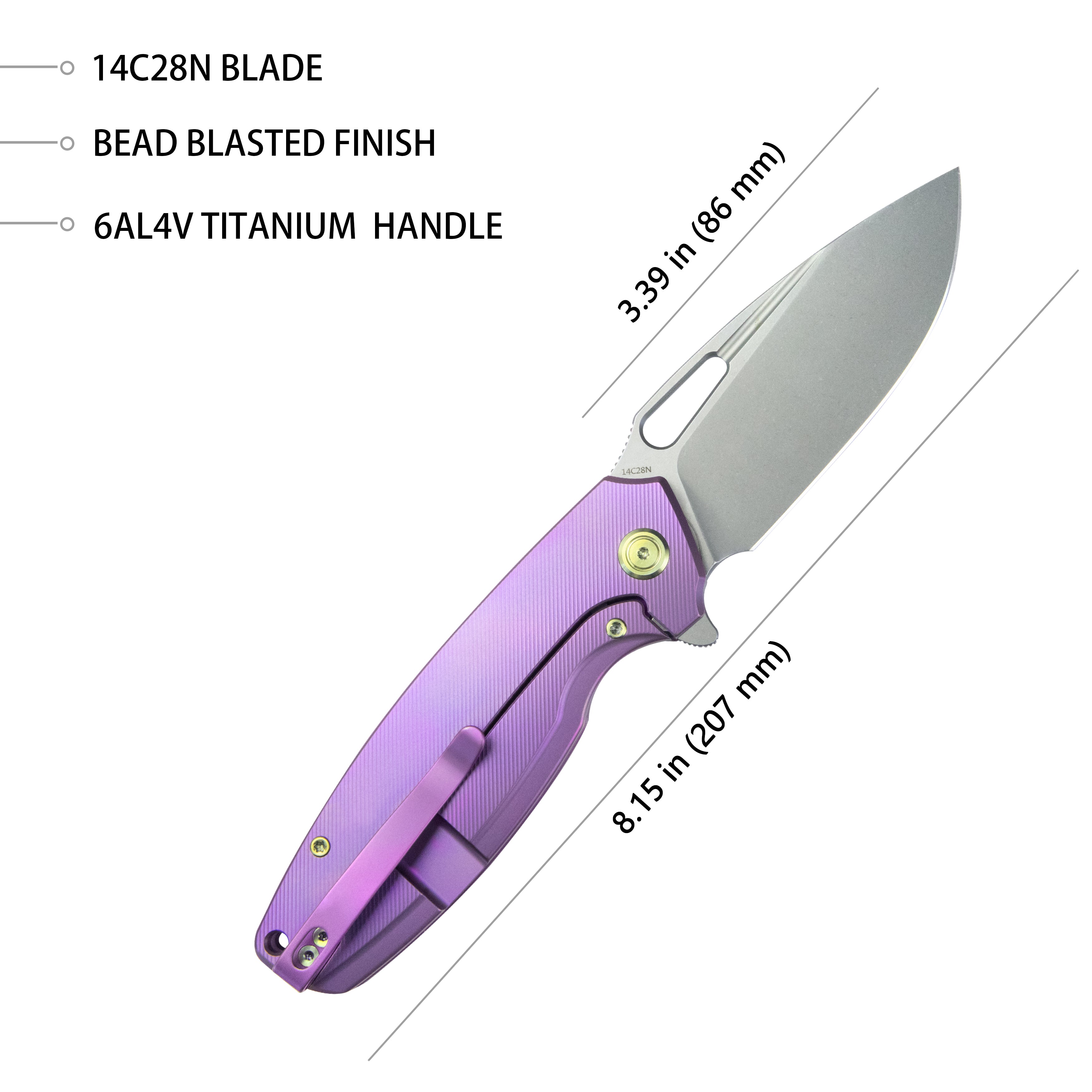 Kubey Tityus Frame Lock Flipper Folding Knife Purple 6AL4V Contoured Titanium Handle 3.39" Bead Blasted 14C28N KB360C