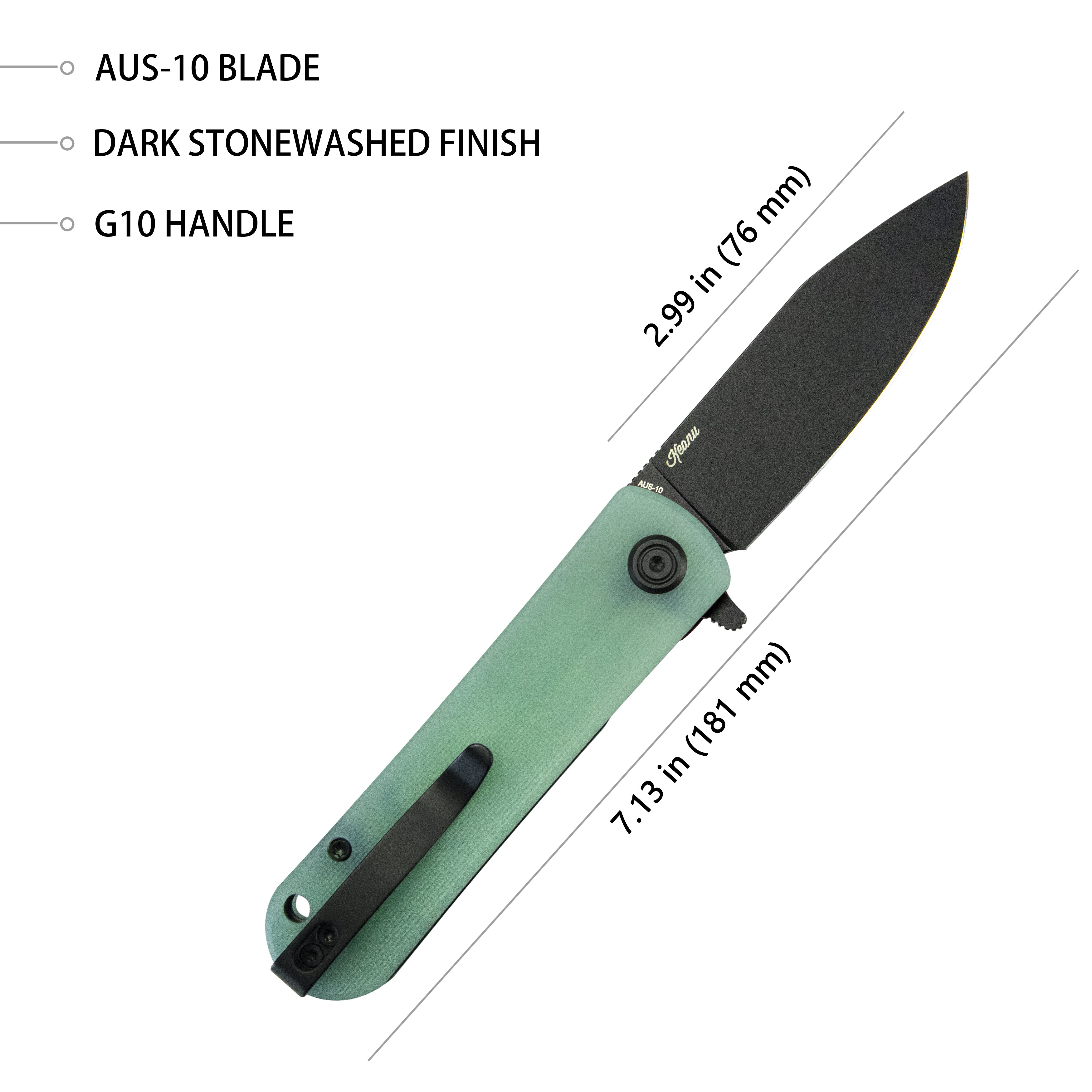 Kubey NEO Outdoor Klapptaschenmesser Jade G10 Griff 3,43" Blackwash AUS-10 KU371D