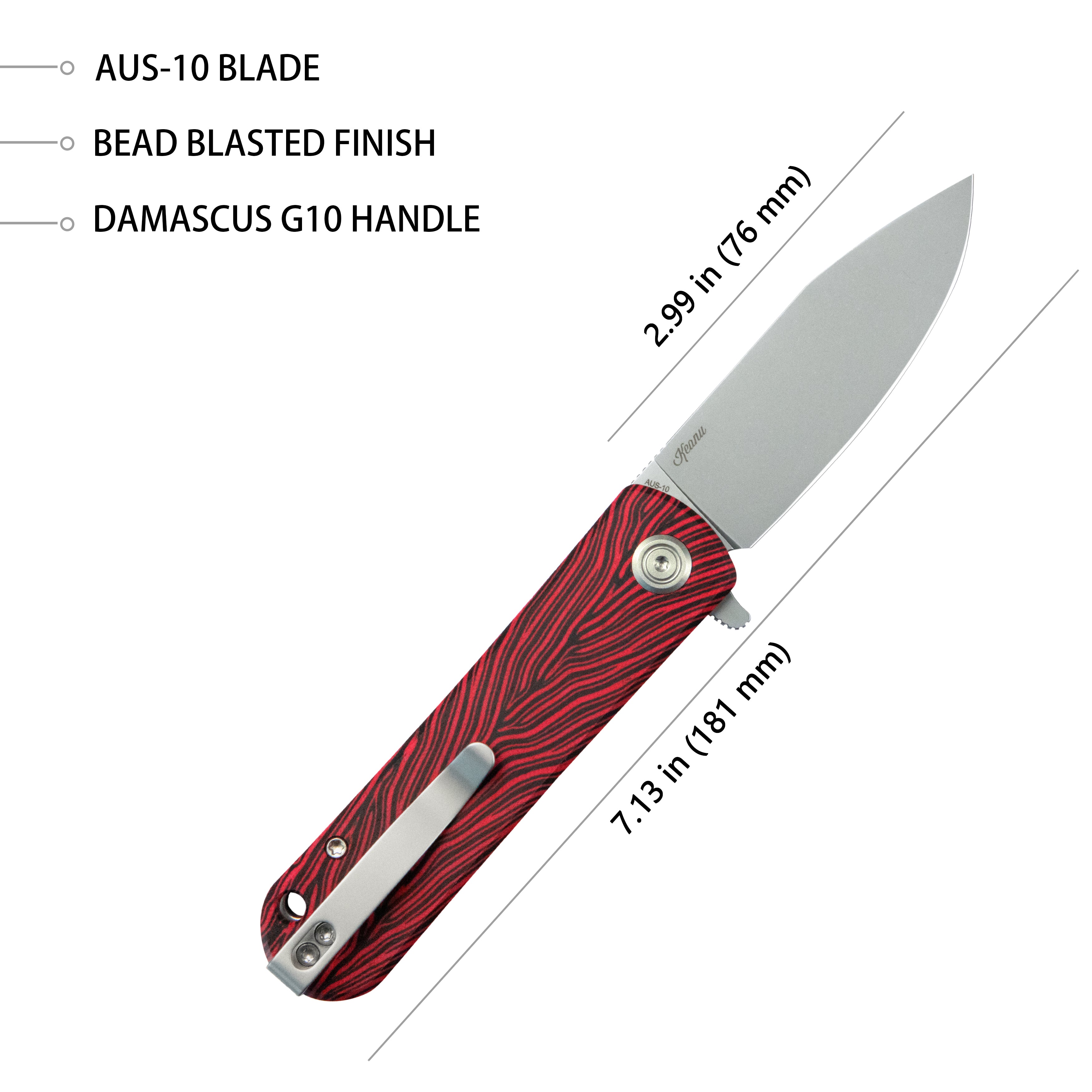 Kubey NEO Outdoor Folding Pocket Knife Red black Damascus G10 Handle 3.43" Beadblast AUS-10 KU371E