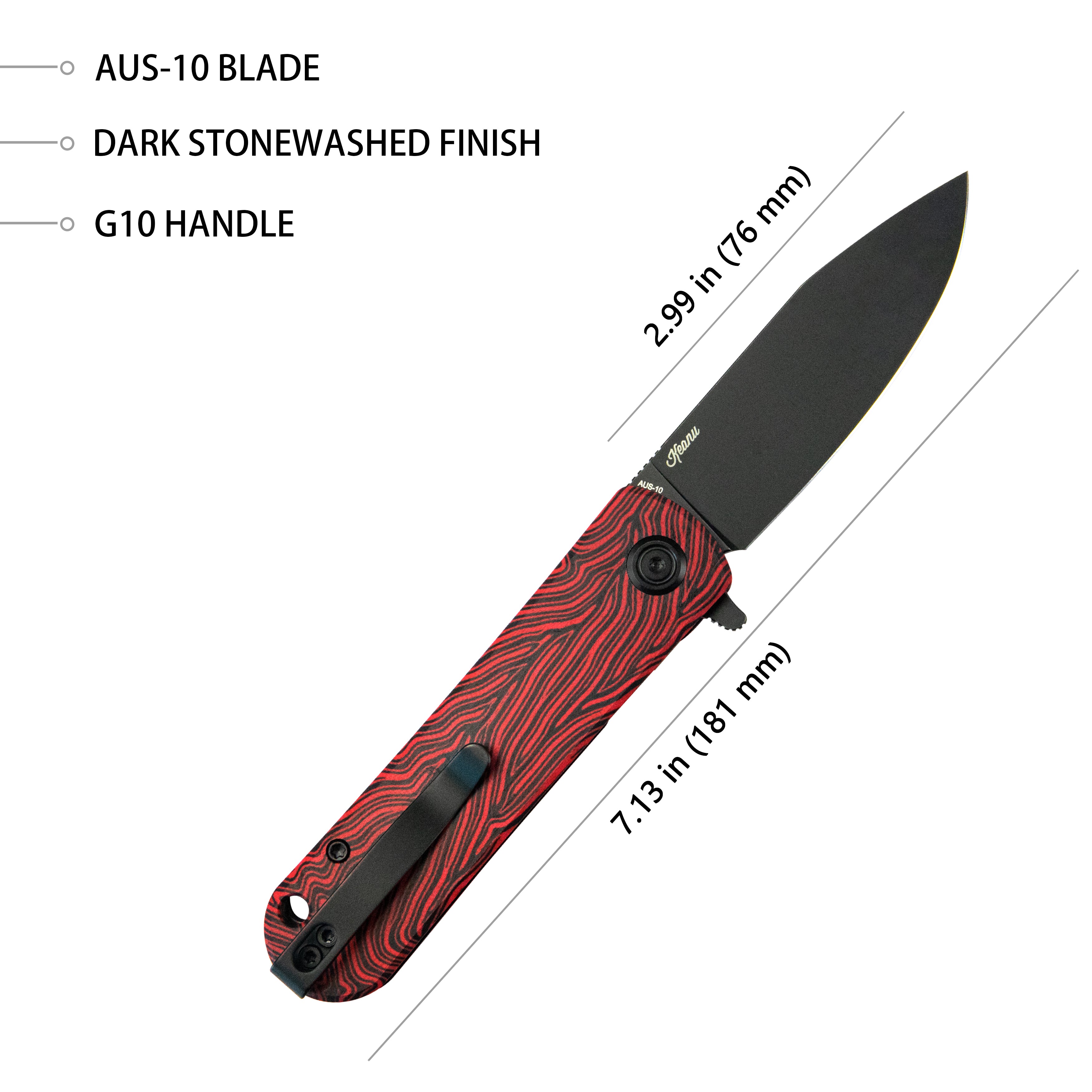 Kubey NEO Outdoor-Klapptaschenmesser Rot-schwarzer Damast-G10-Griff 3,43" Blackwash AUS-10 KU371F