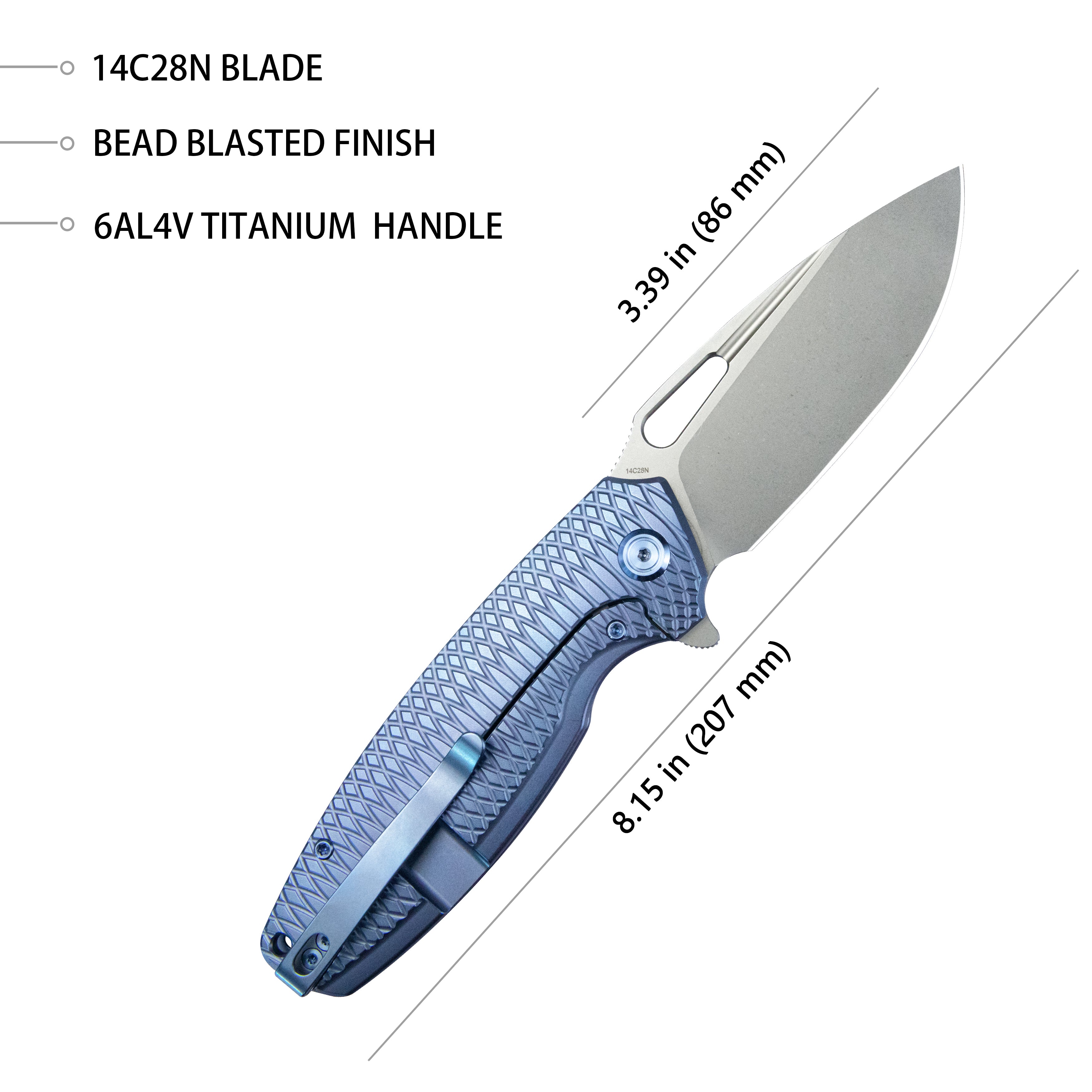 Kubey Tityus Frame Lock Flipper Folding Knife Blue Pattern Titanium Handle 3.39" Beadblast 14C28N KB360F