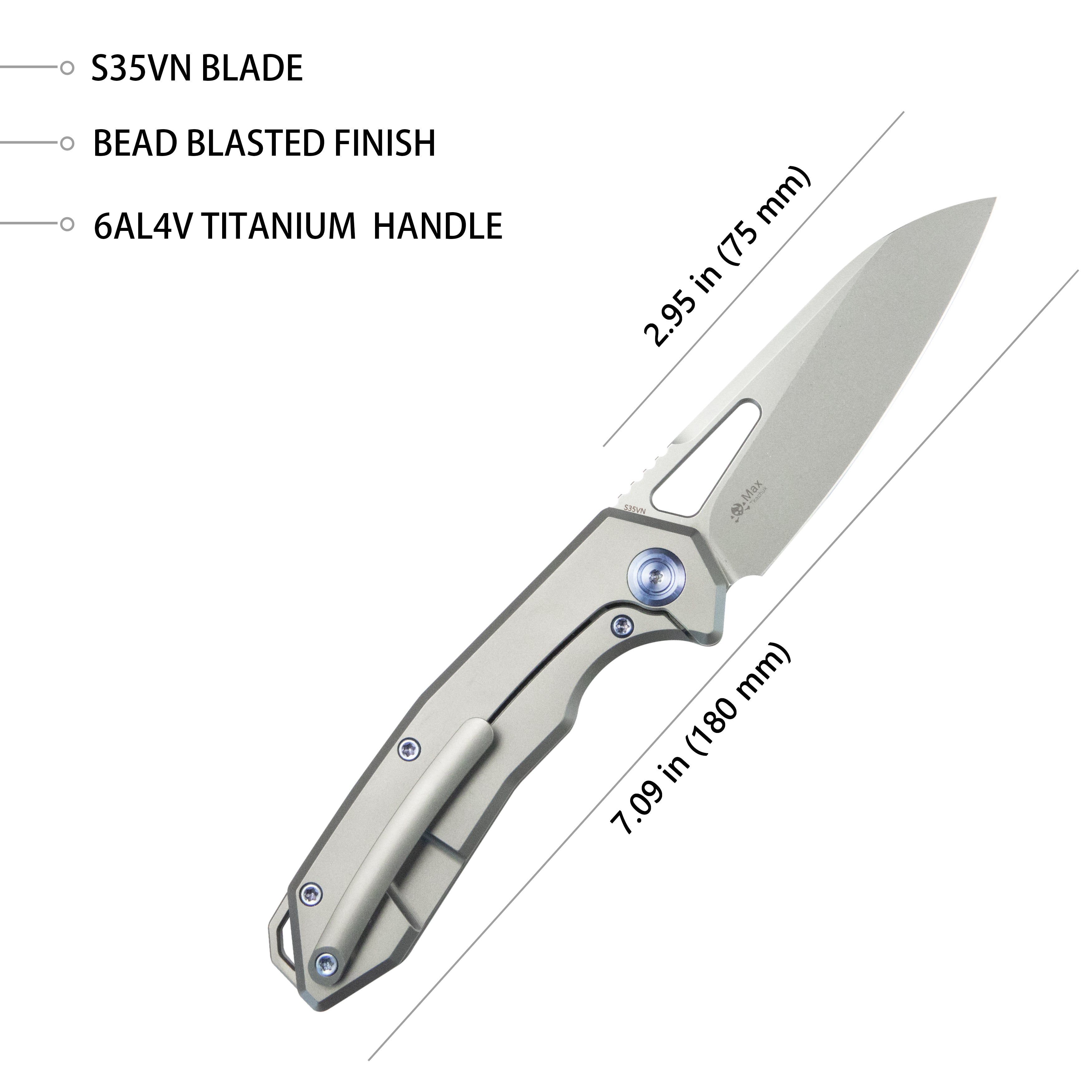 Kubey Vagrant Frame Lock Folding Pocket Knife Gray 6AL4V Titanium Handle 2.95" Bead Blasted CPM-S35VN KB284F