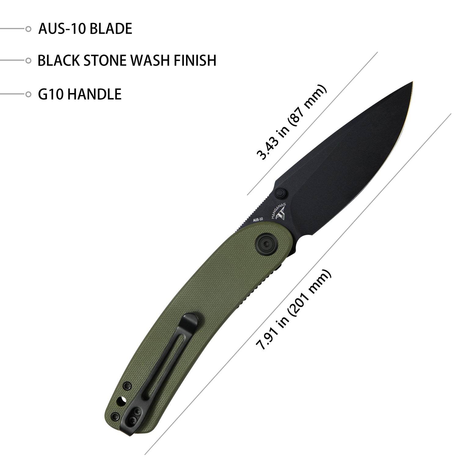 Kubey Momentum Sherif Manganas Design Liner Lock Front Flipper / Dual Studs Open Folding Knife Green G10 Handle 3.43" Dark Stonewashed AUS-10 KU344G