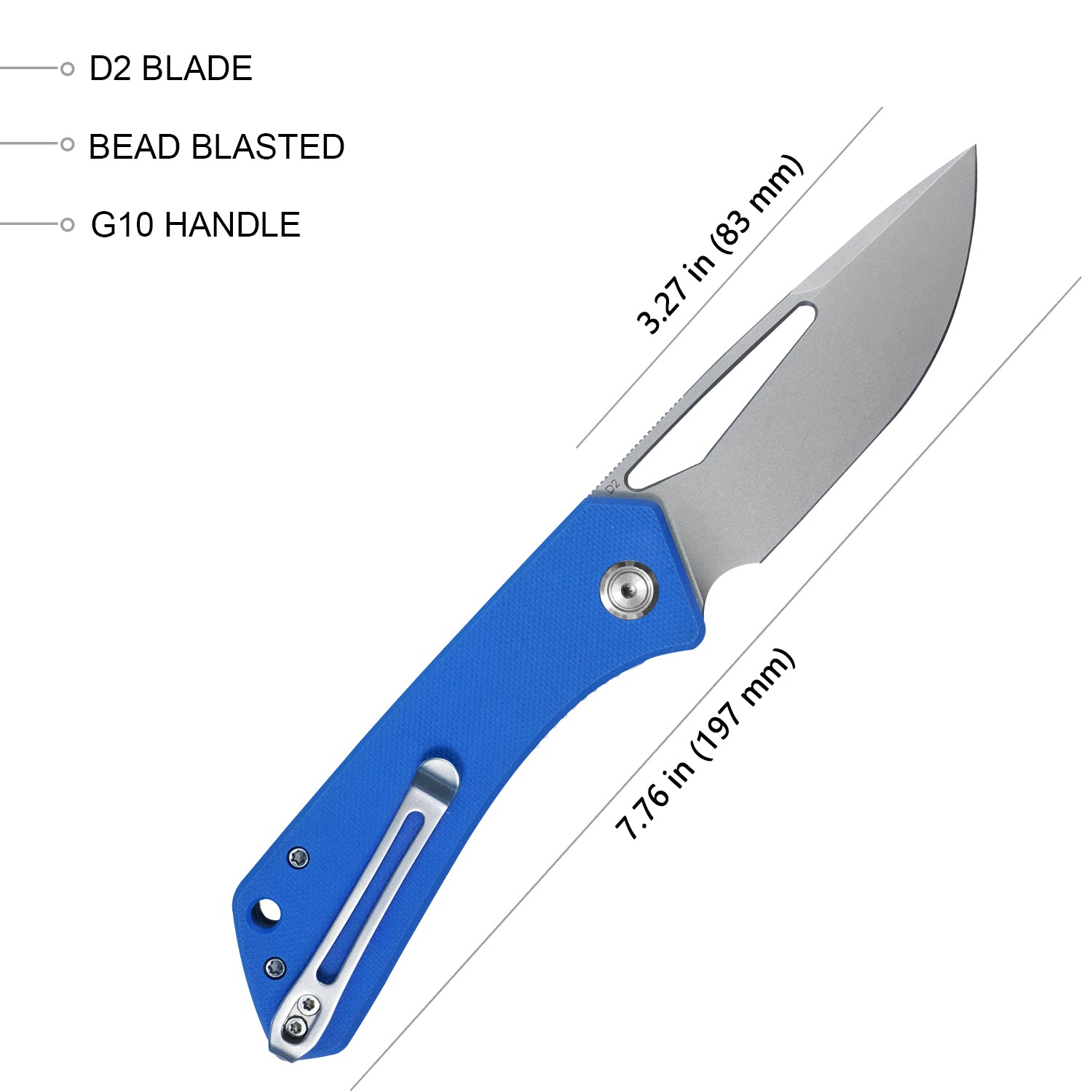 Kubey Thalia Front Flipper EDC Taschenklappmesser Blauer G10-Griff 3,27" Perlengestrahlt D2 KU331B