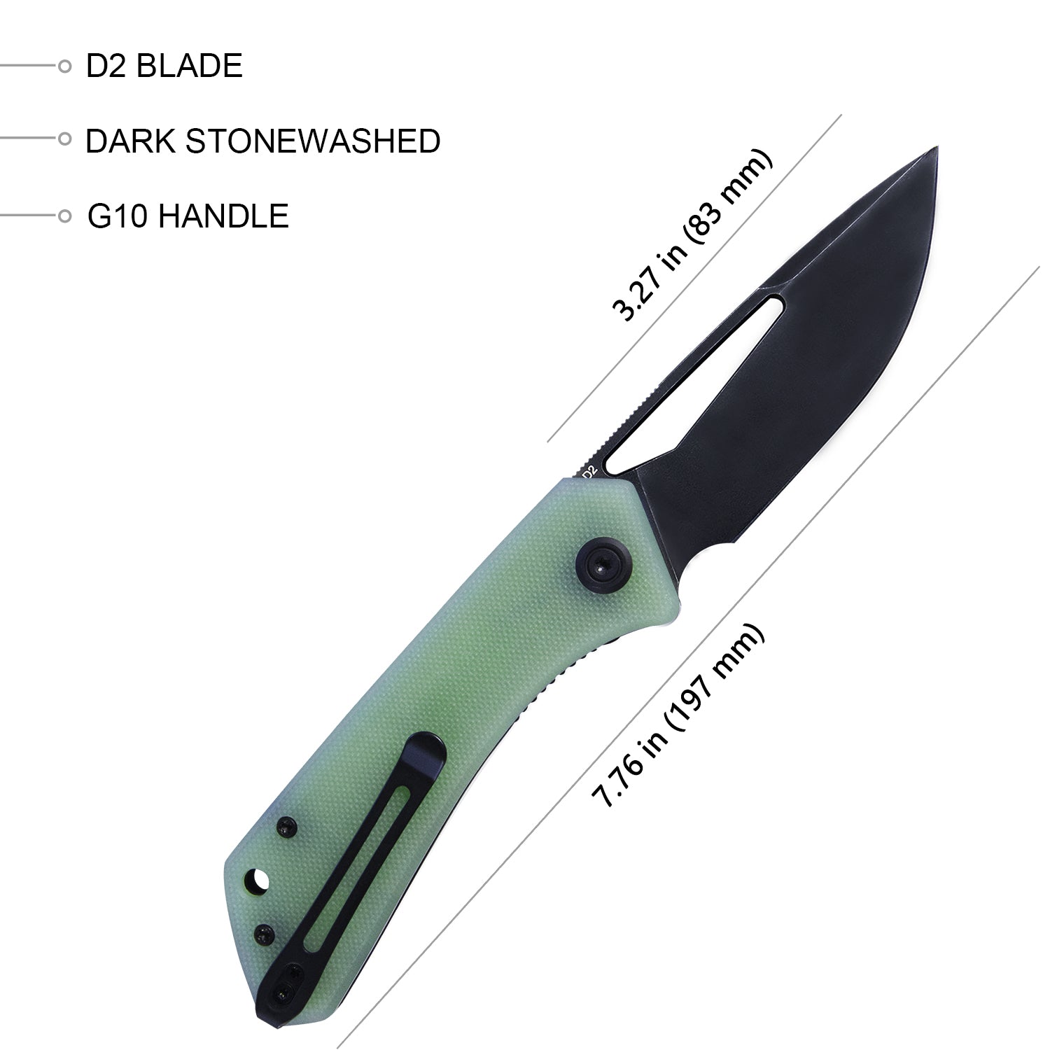 Kubey Thalia Front Flipper EDC Taschenklappmesser Jade G10 Griff 3,27" Dark Stonewashed D2 KU331E