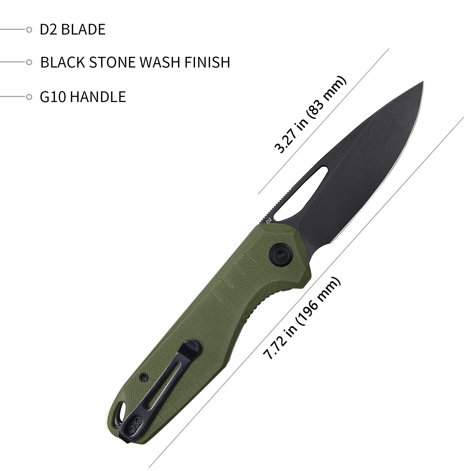 Kubey Doris Liner Lock Front Flipper Folding Knife Green G10 Handle 3.27" Darkwashed D2 KU324C