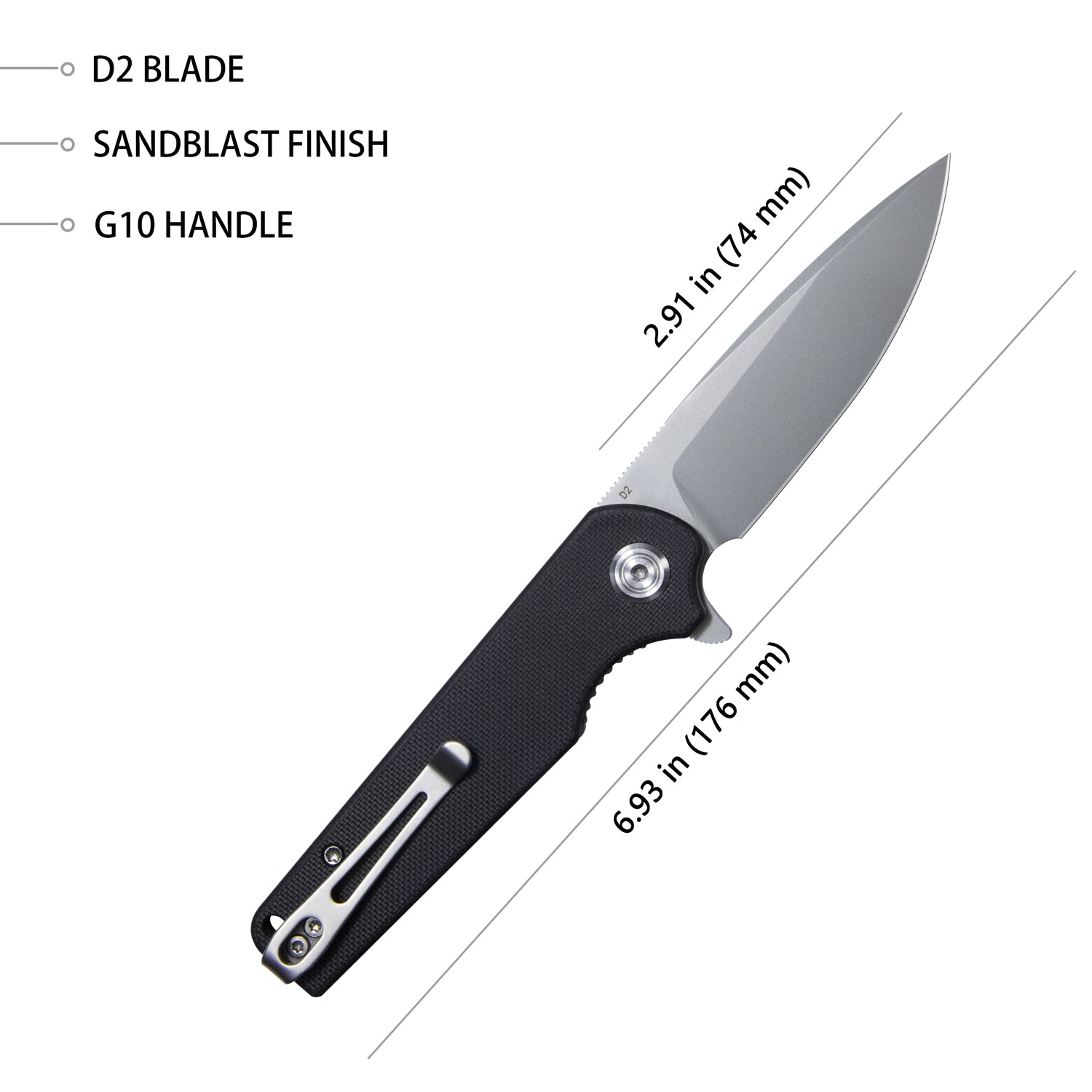Kubey Wolverine Liner Lock Folding Knife Black G10 Handle 2.91" Sand Blasted D2 KU233A