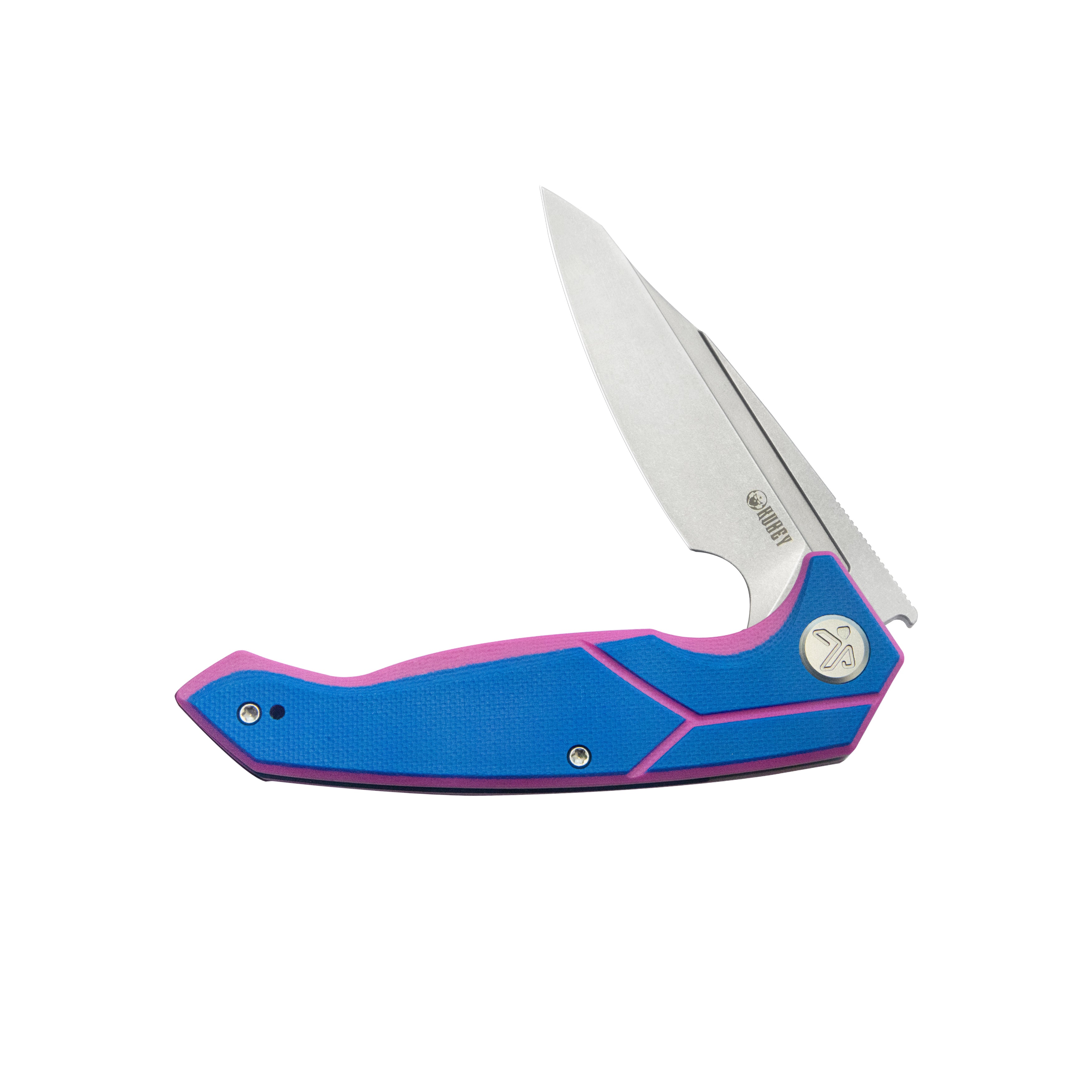 Kubey RBC-1 Outdoor Flipper Knife Blue Pink G10 Handle 3.46" Stonewash 14C28N KU373C