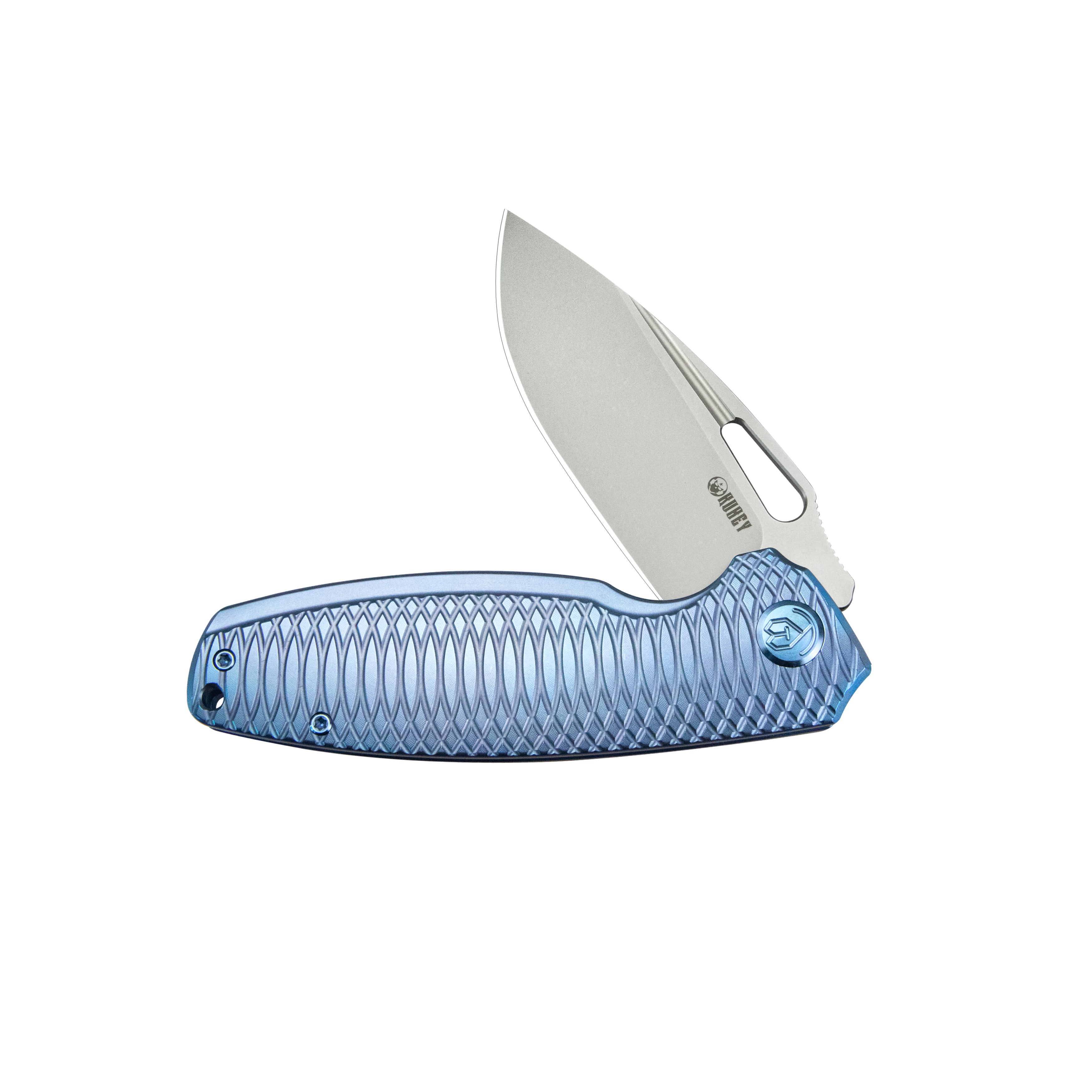 Kubey Tityus Frame Lock Flipper Folding Knife Blue Pattern Titanium Handle 3.39" Beadblast 14C28N KB360F