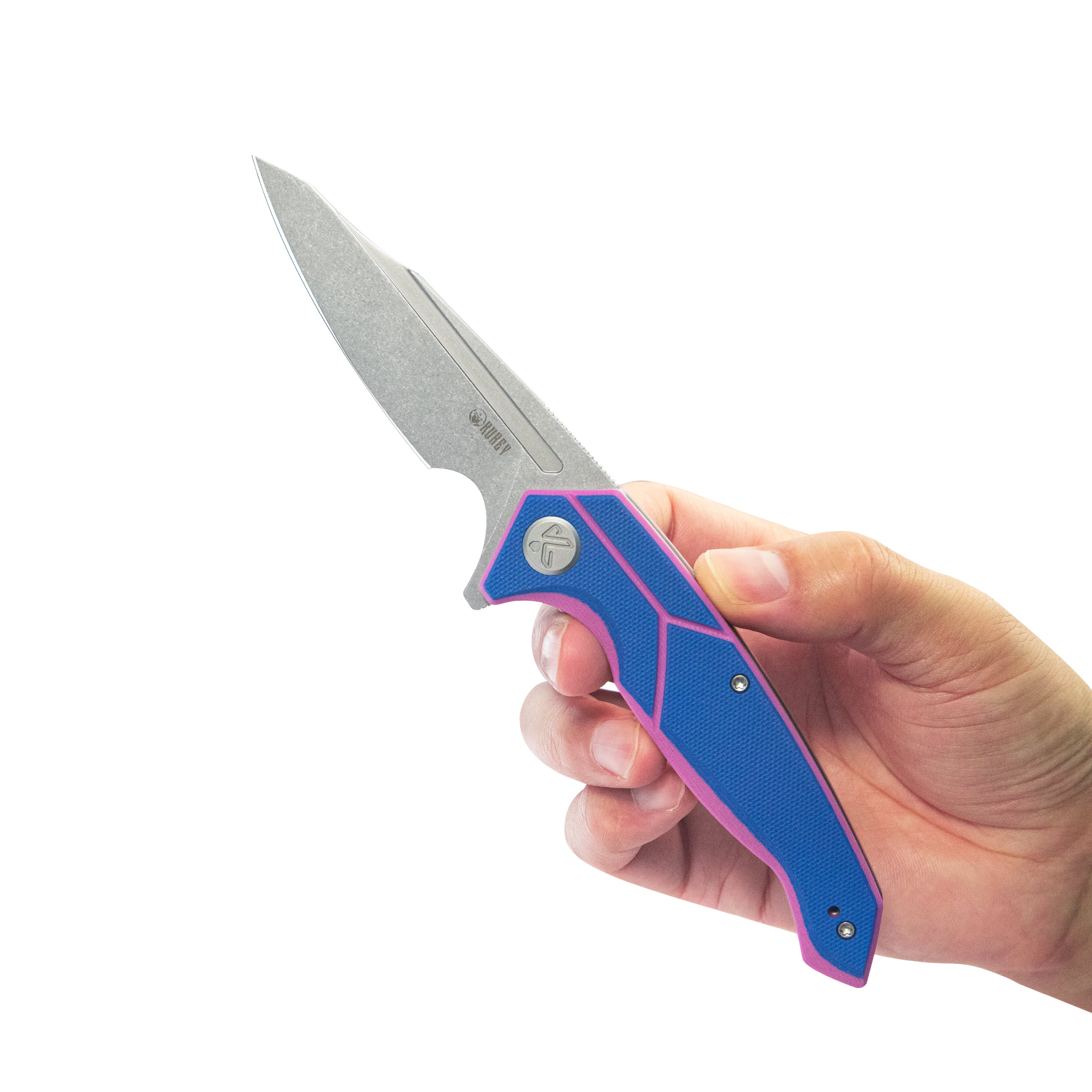 Kubey RBC-1 Outdoor Flipper Knife Blue Pink G10 Handle 3.46" Stonewash 14C28N KU373C