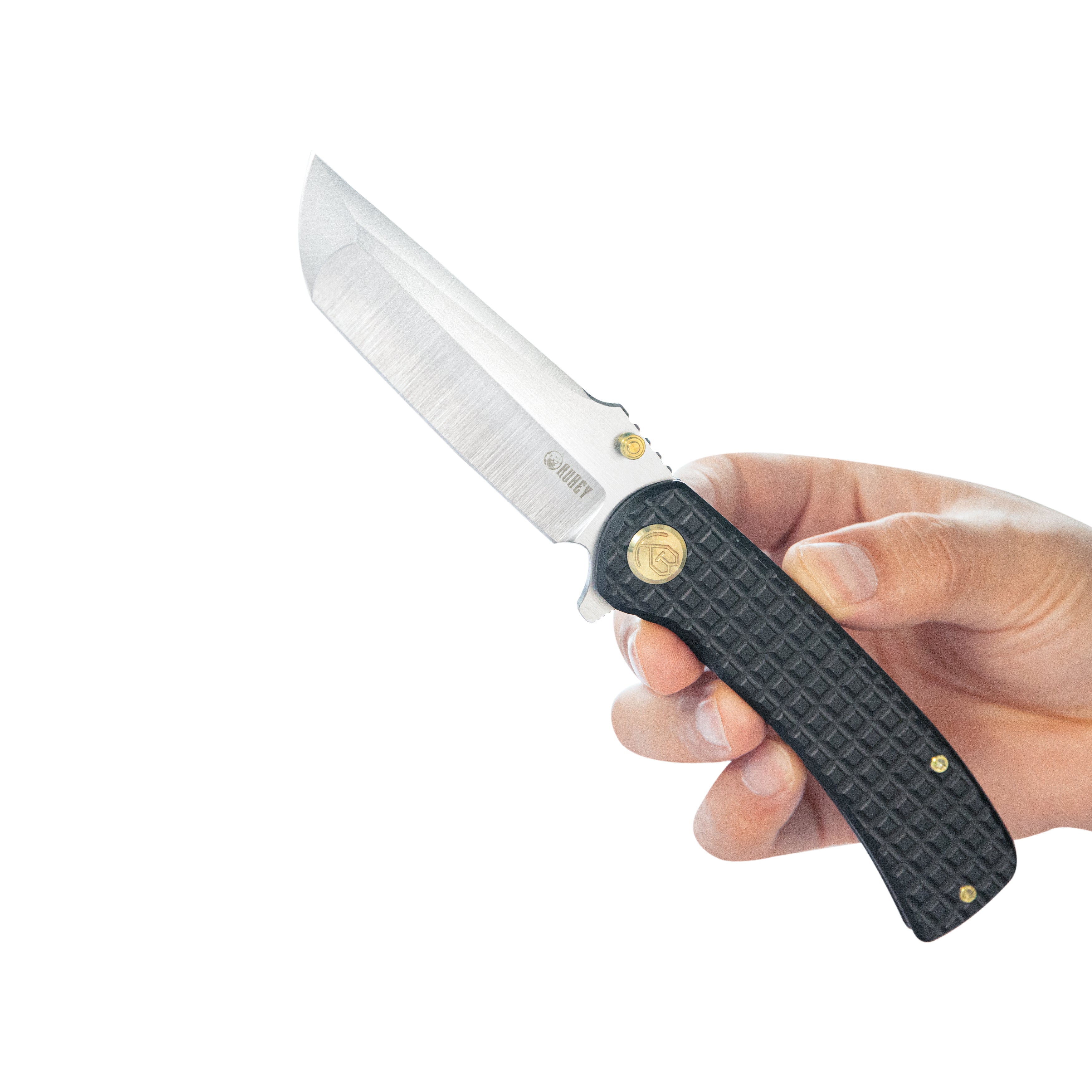 Kubey Interflow Tactical Folding Knife Flipper Folder Black Titanium Handle 3.50" Belt Satin Bohler M390 Blade KB294C