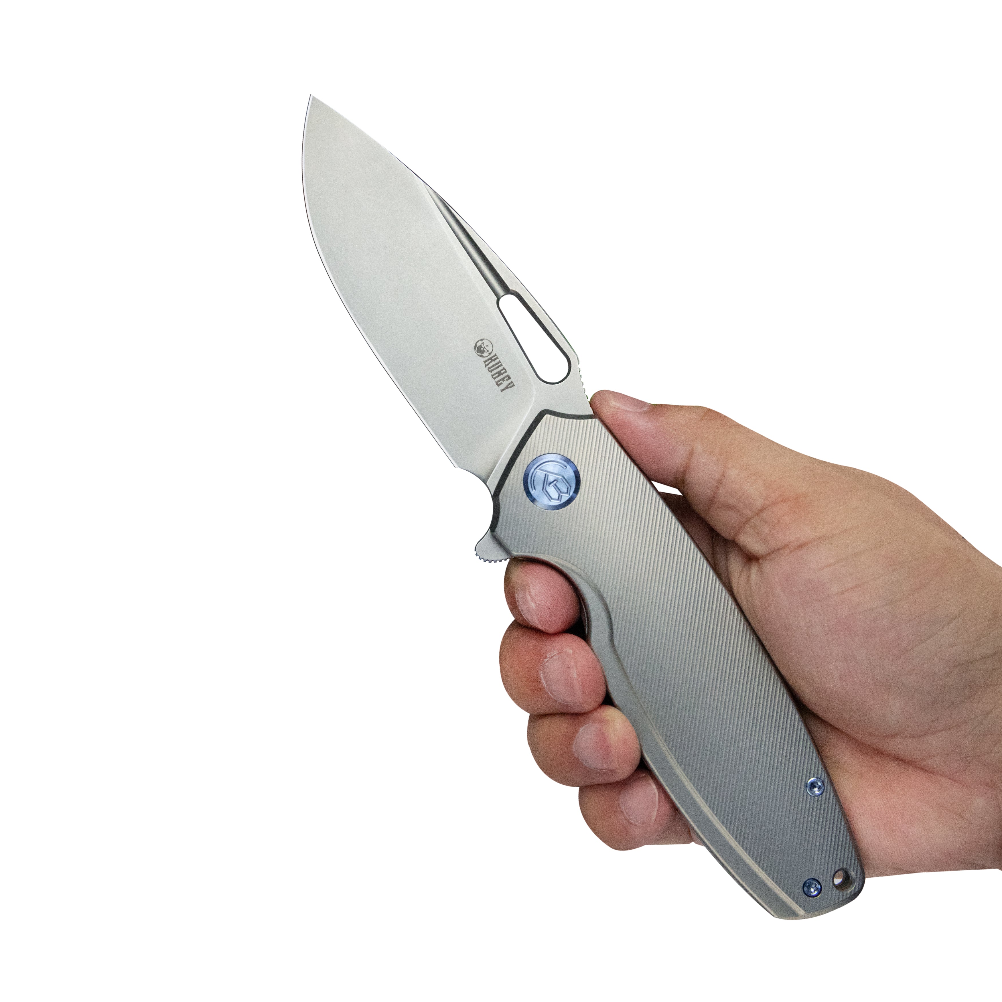 Kubey Tityus Frame Lock Flipper Folding Knife Gray 6AL4V Contoured Titanium Handle 3.39" Bead Blasted 14C28N KB360A