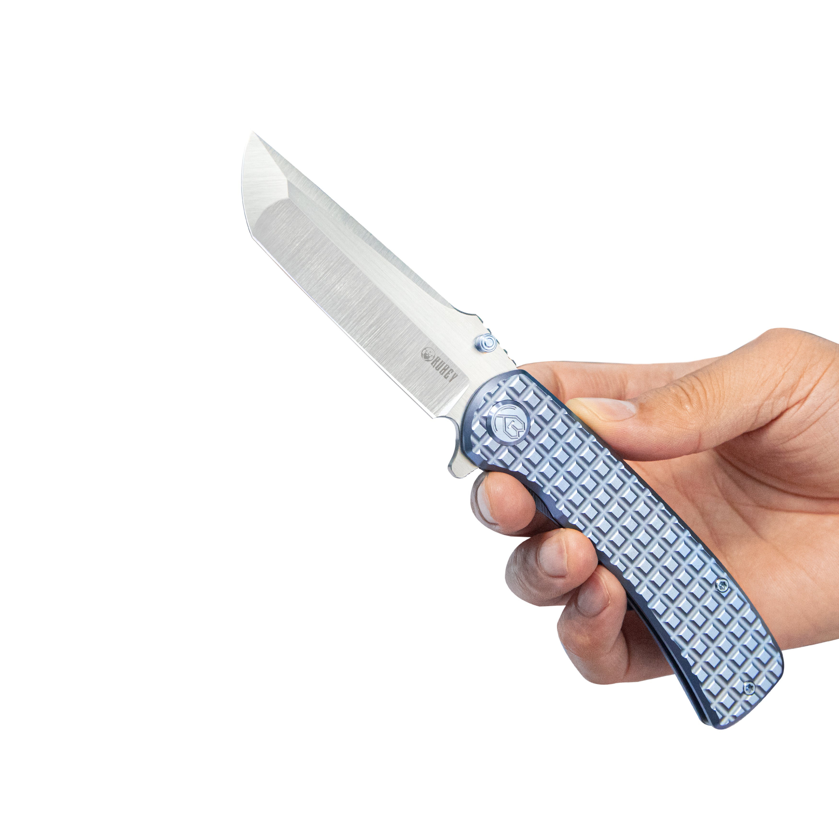 Kubey Interflow Tactical Folding Knife Flipper Folder Blue Titanium Handle 3.50" Belt Satin Bohler M390 Blade KB294B