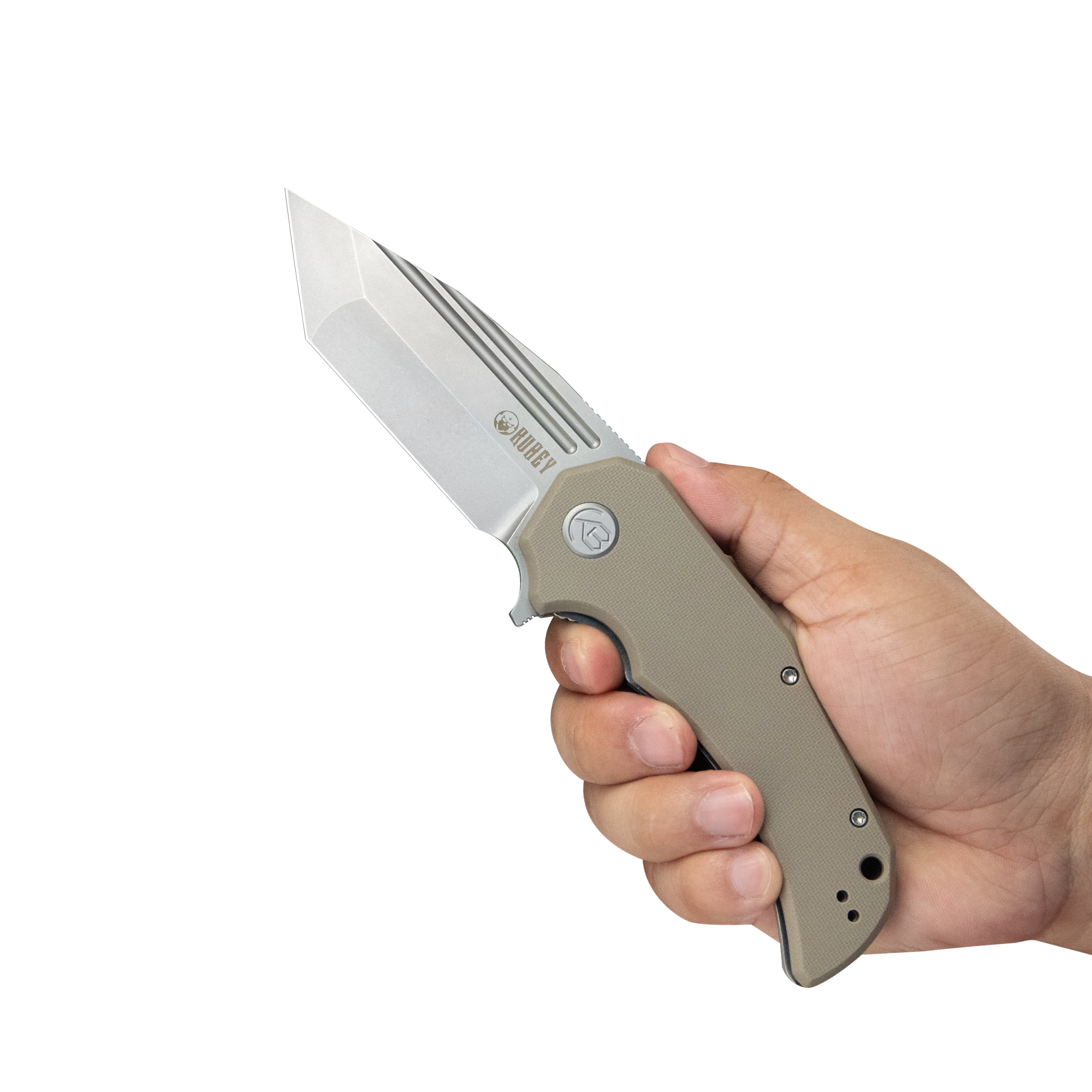 Kubey Mikkel Willumsen Design Bravo one Tanto Outdoor Folding Camping Knife Tan G10 Handle 3.39" Beadblast AUS-10 KU318C