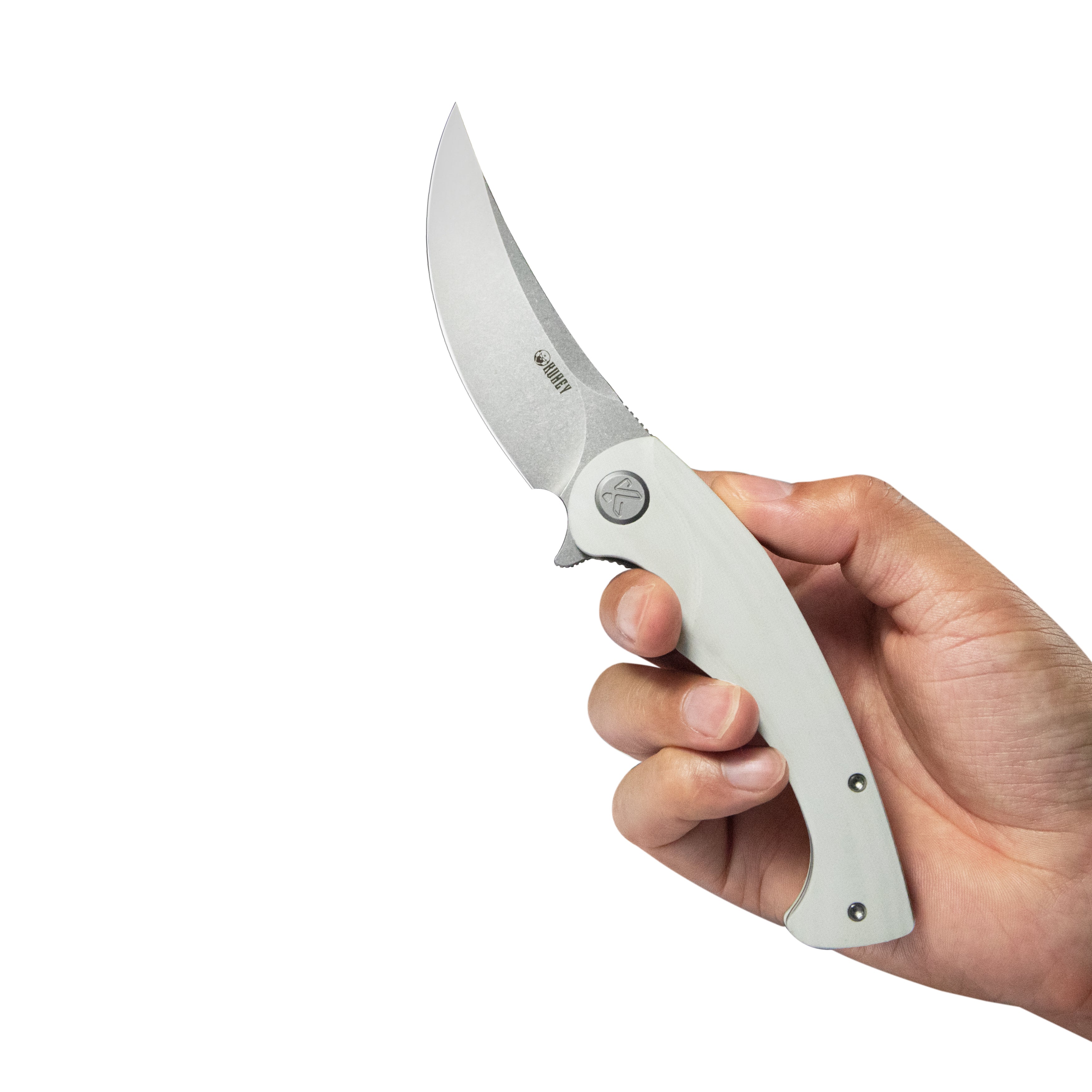 Kubey Scimitar Liner Lock Folding Knife White G10 Handle 3.46" Bead Blast AUS-10 KU173C