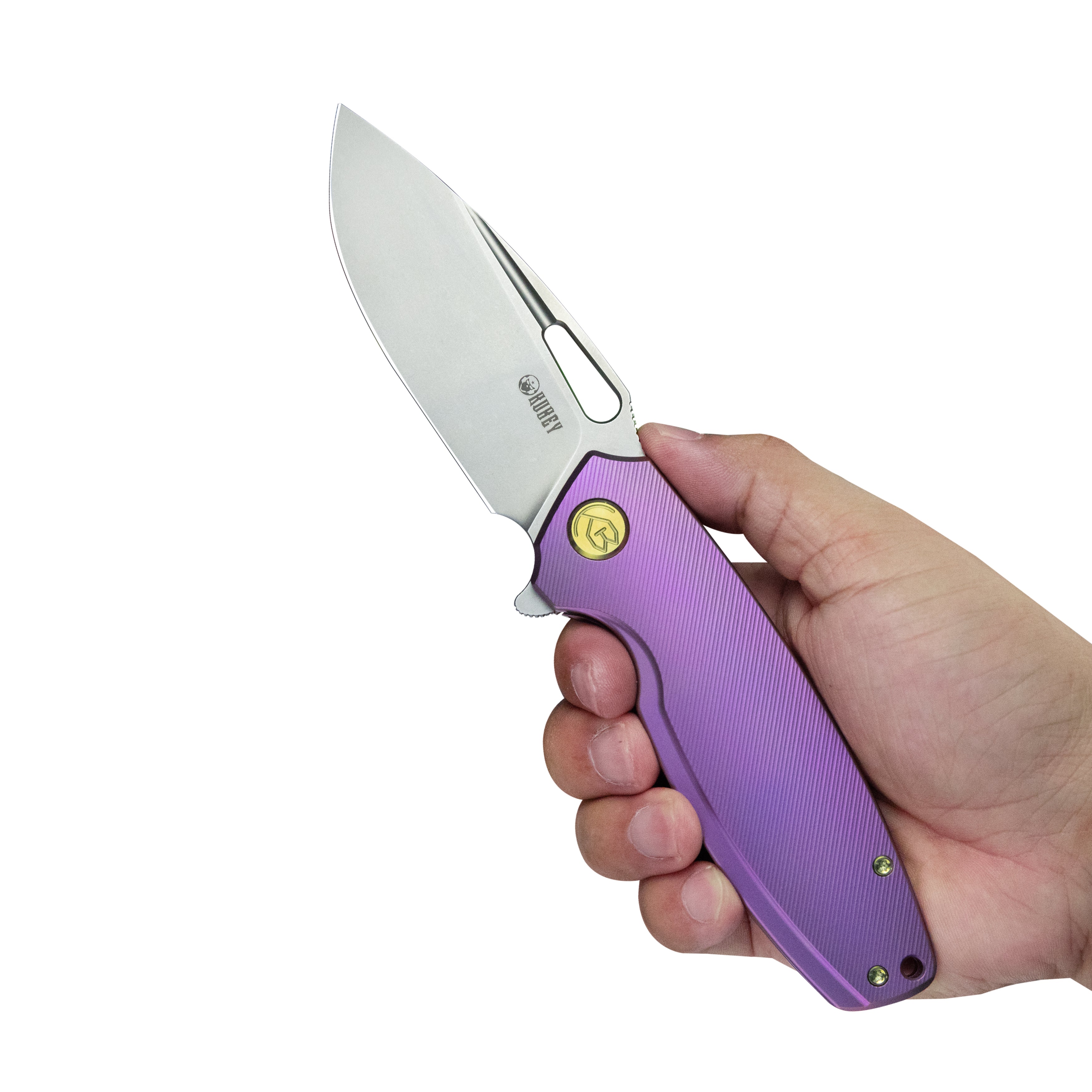 Kubey Tityus Frame Lock Flipper Folding Knife Purple 6AL4V Contoured Titanium Handle 3.39" Bead Blasted 14C28N KB360C