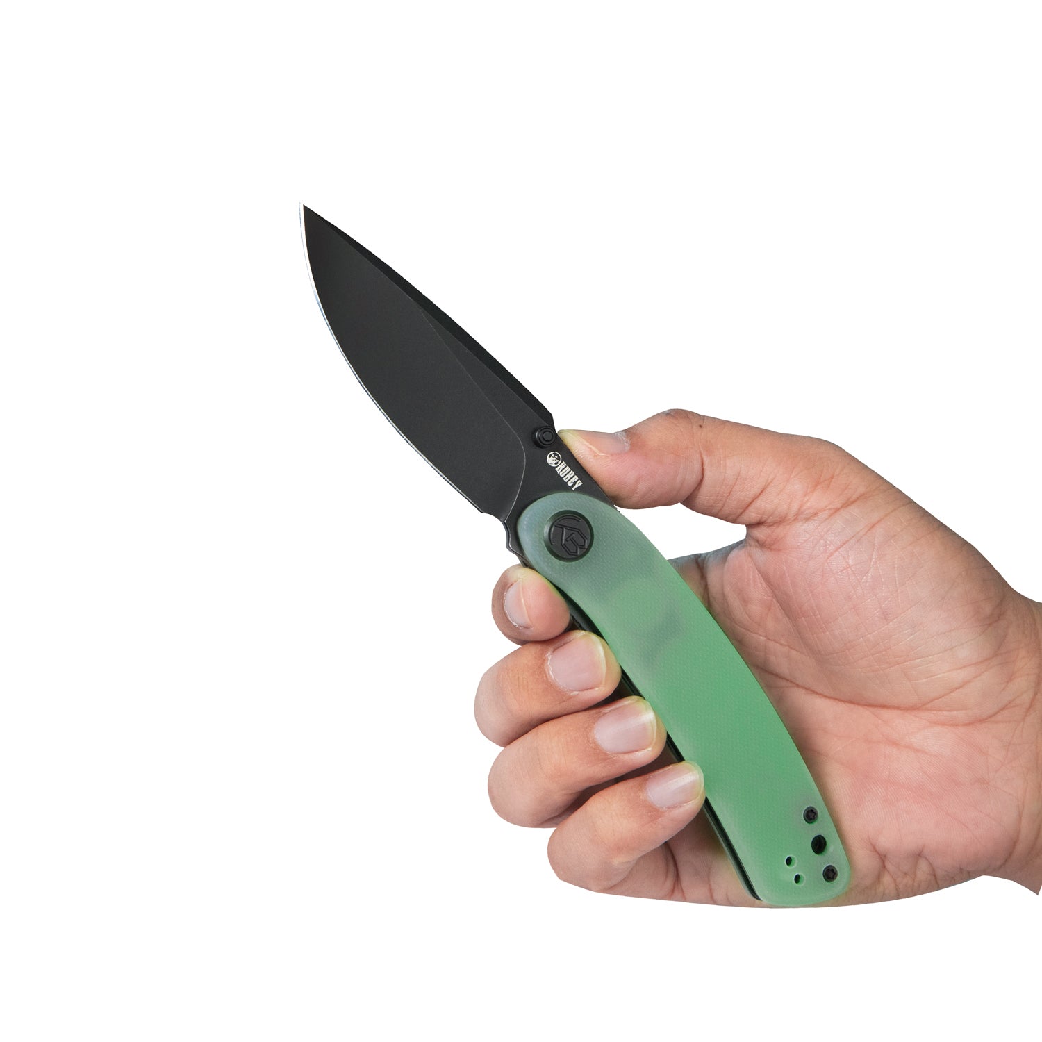 Kubey Momentum Sherif Manganas Design Liner Lock Front Flipper / Dual Studs Open Folding Knife Jade G10 Handle 3.43" Dark Stonewashed AUS-10 KU344J