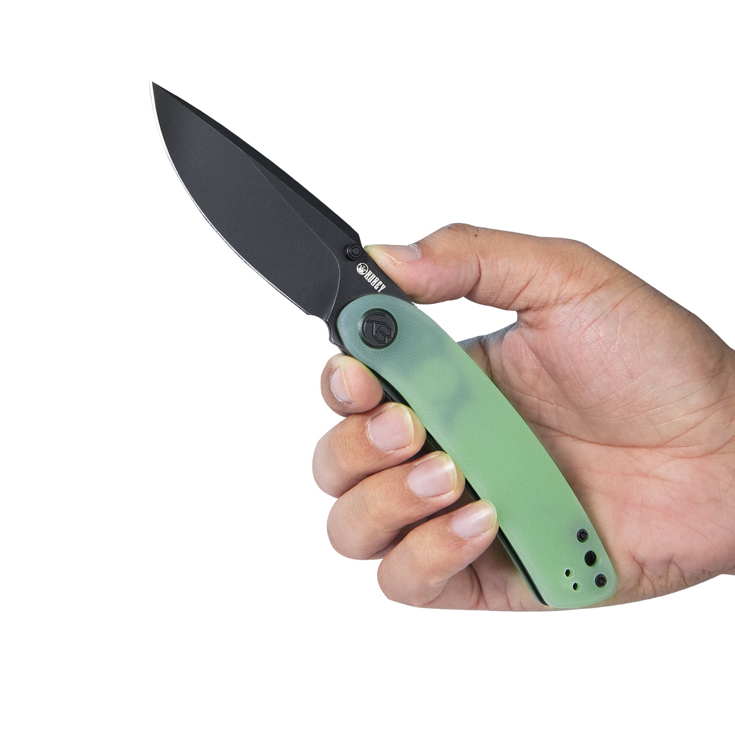 Kubey Momentum Sherif Manganas Design Liner Lock Front Flipper / Dual Studs Open Folding Knife Jade G10 Handle 3.43" Darkwashed D2 KU344C