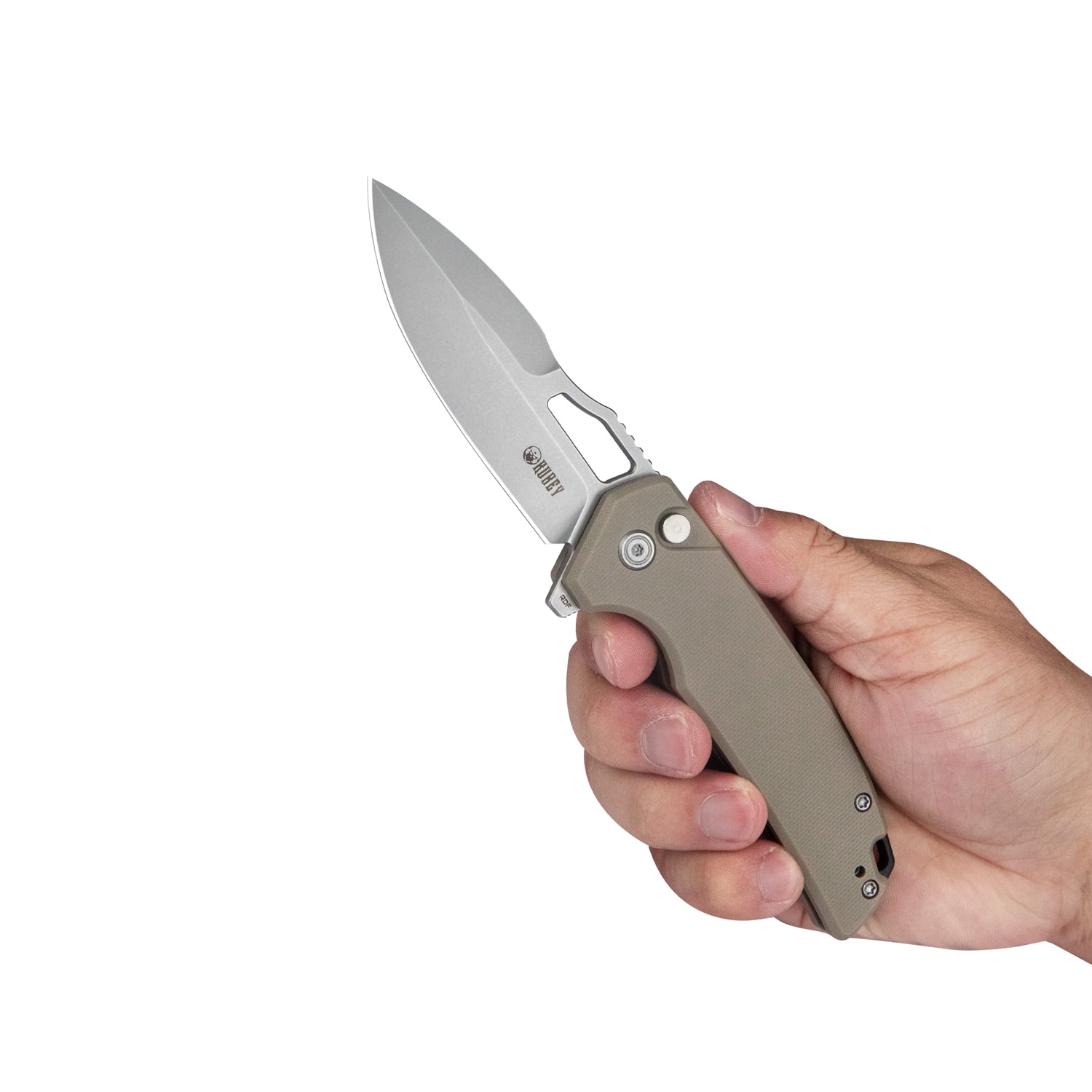 Kubey RDF Pocket Knife with Button Lock, Full-Contoured Tan G-10 Handle 3.11" Bead Blasted AUS-10 Blade, Lightweight Hydra Designed Folding Knife for EDC KU316D