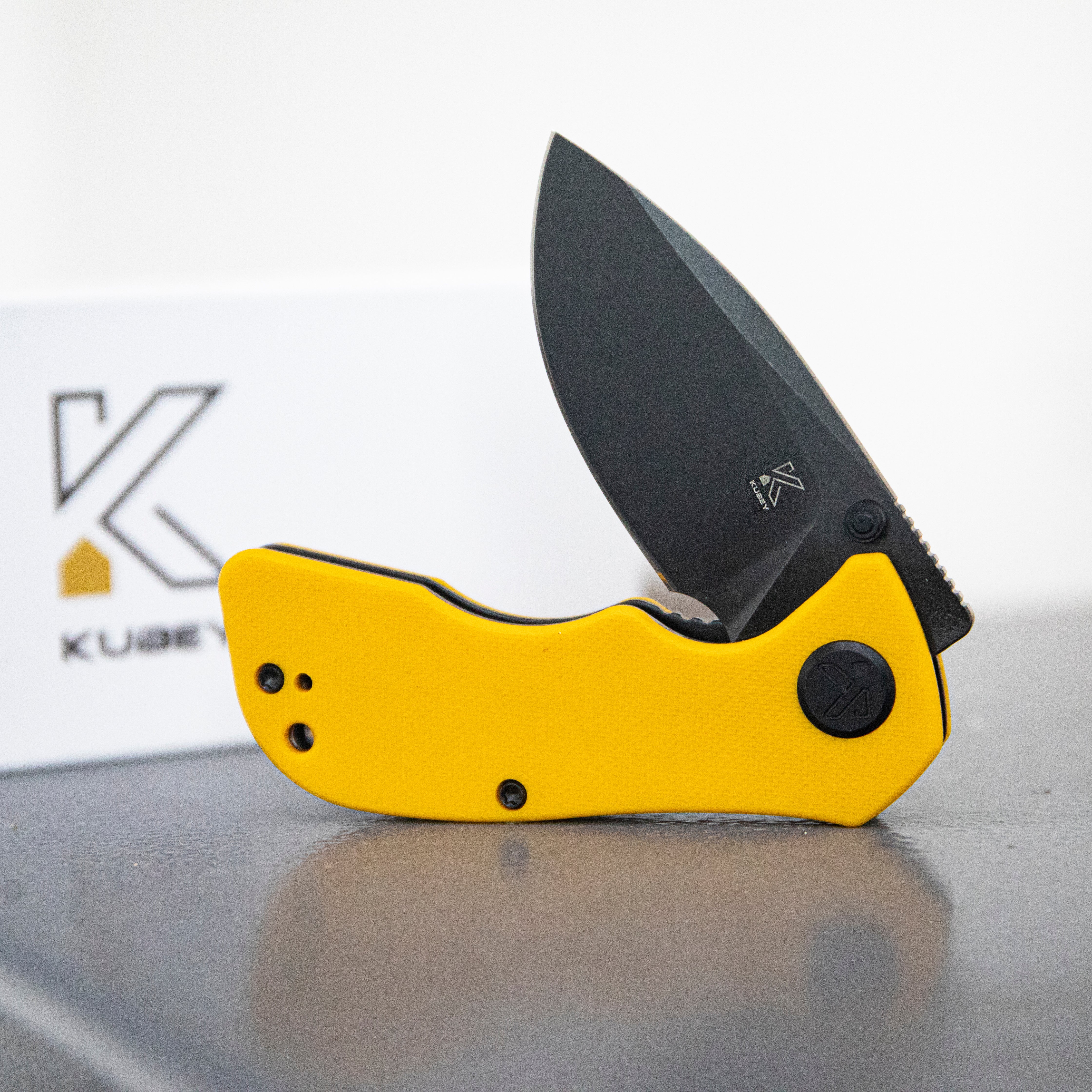 KUBEY Karaji Liner Lock Dual Thumb Studs Open Folding Pocket Knife Yellow G10 Handle 2.56" Blackwash 14C28N KU180N